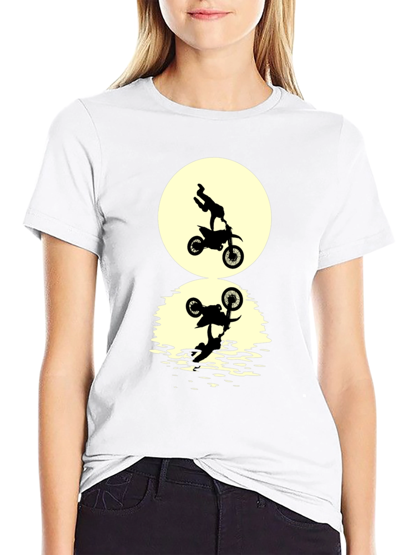 Black T-Shirt with Motorcycle Stunt Reflection Graphic