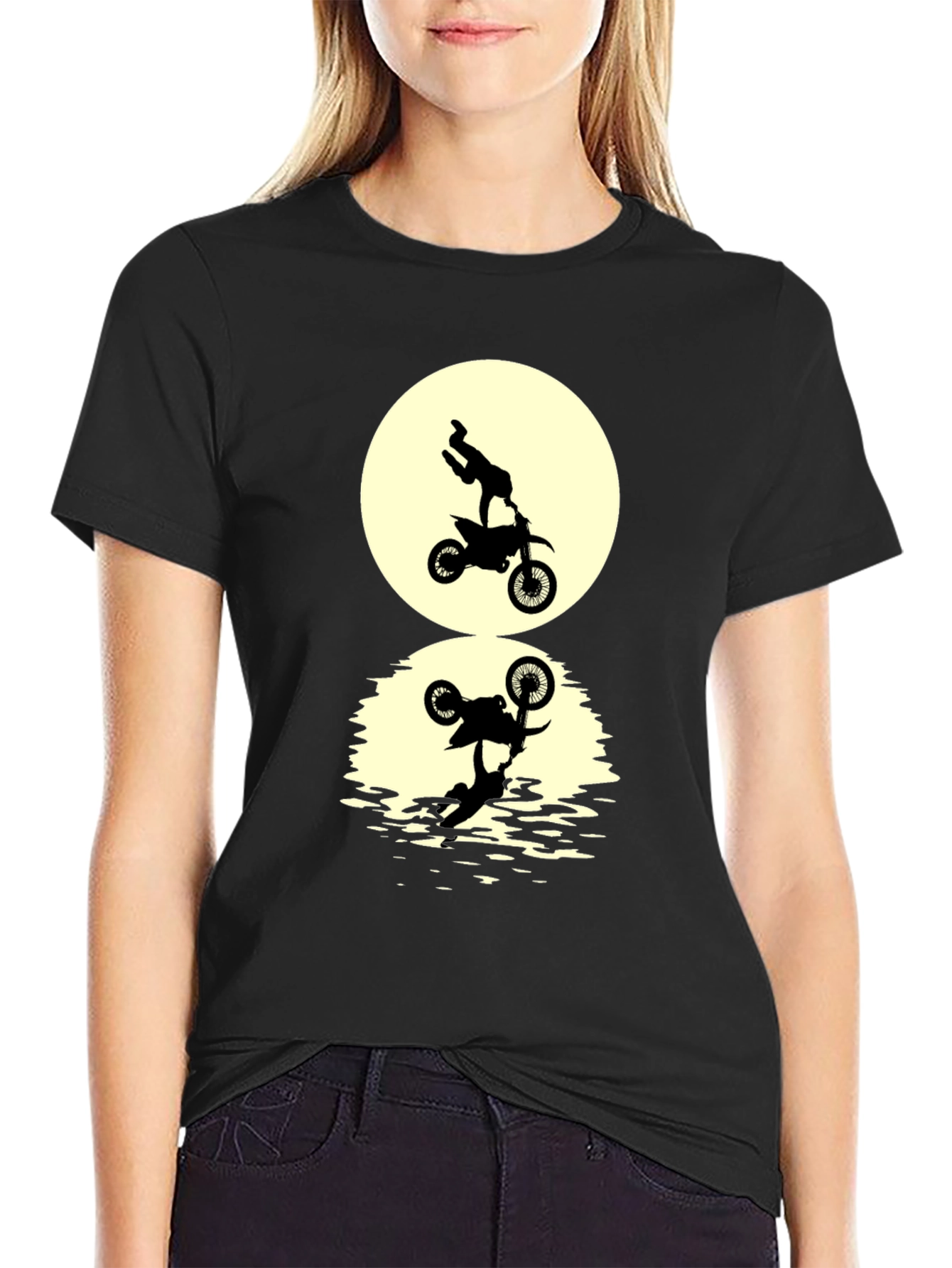 Black T-Shirt with Motorcycle Stunt Reflection Graphic