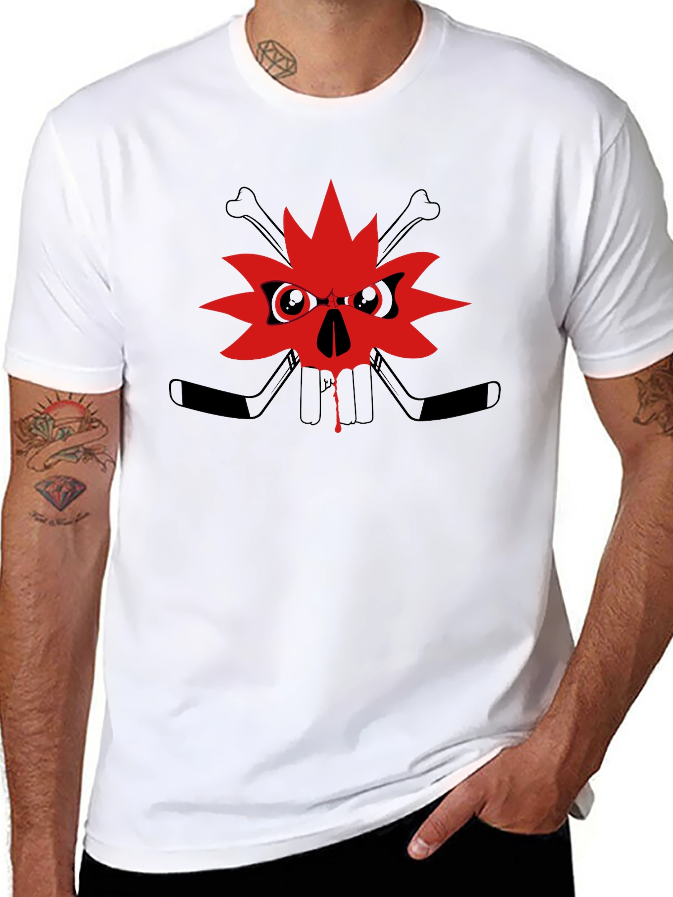 Edgy Skull Maple Leaf Graphic Tee - Black