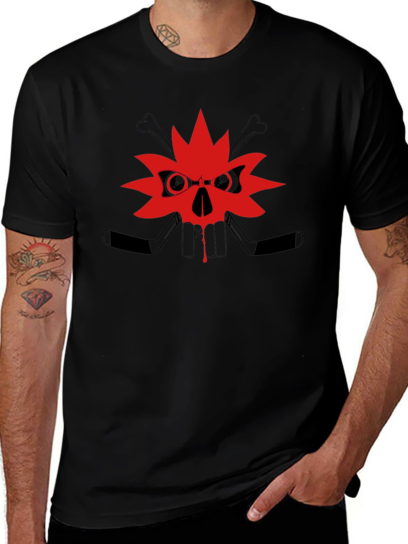 Edgy Skull Maple Leaf Graphic Tee - Black