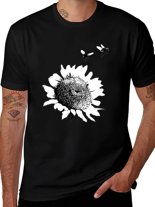 Sunflower & Bees Graphic Tee - Mens Black Cotton T-Shirt