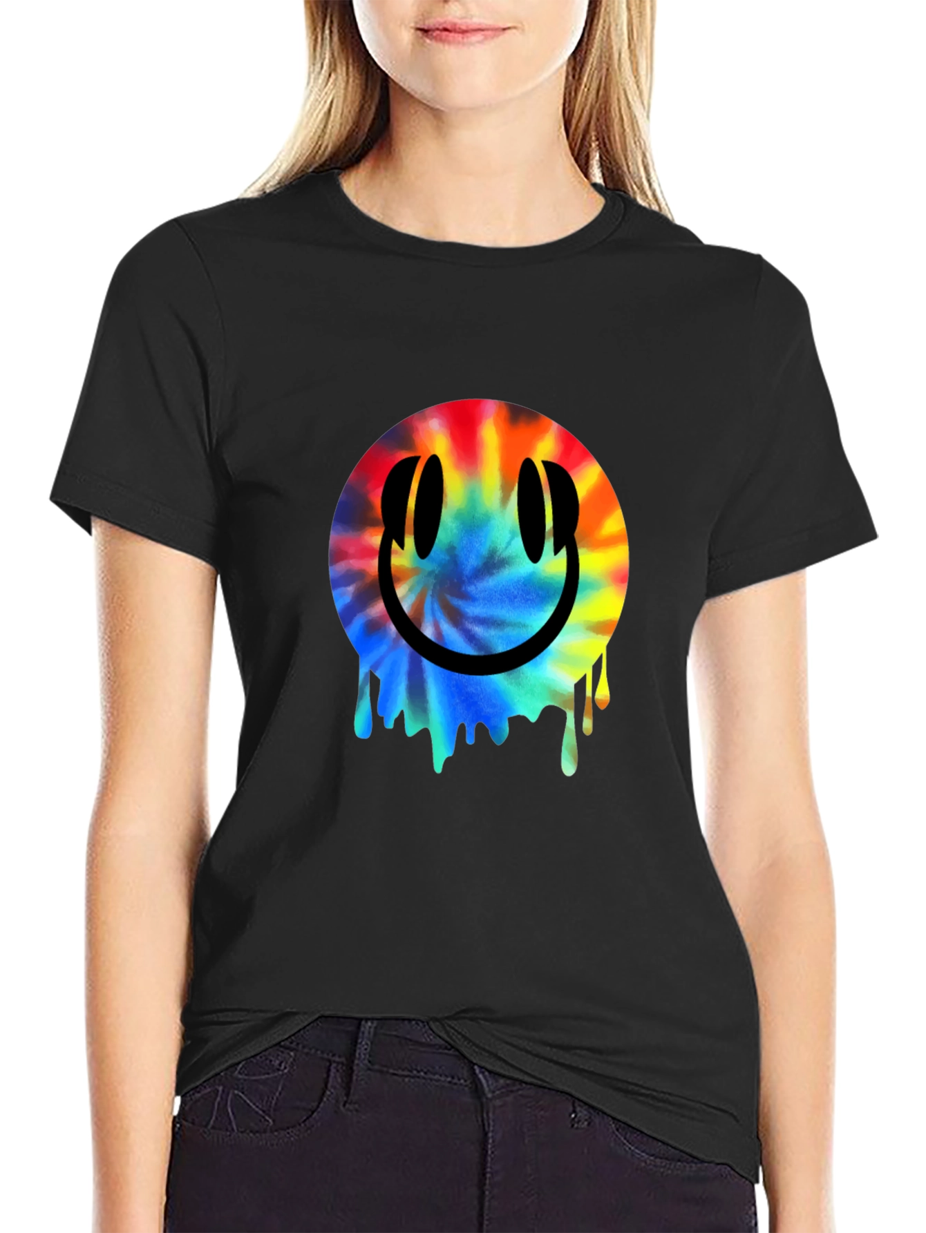 Smiley Face Tie-Dye Drip Black T-Shirt