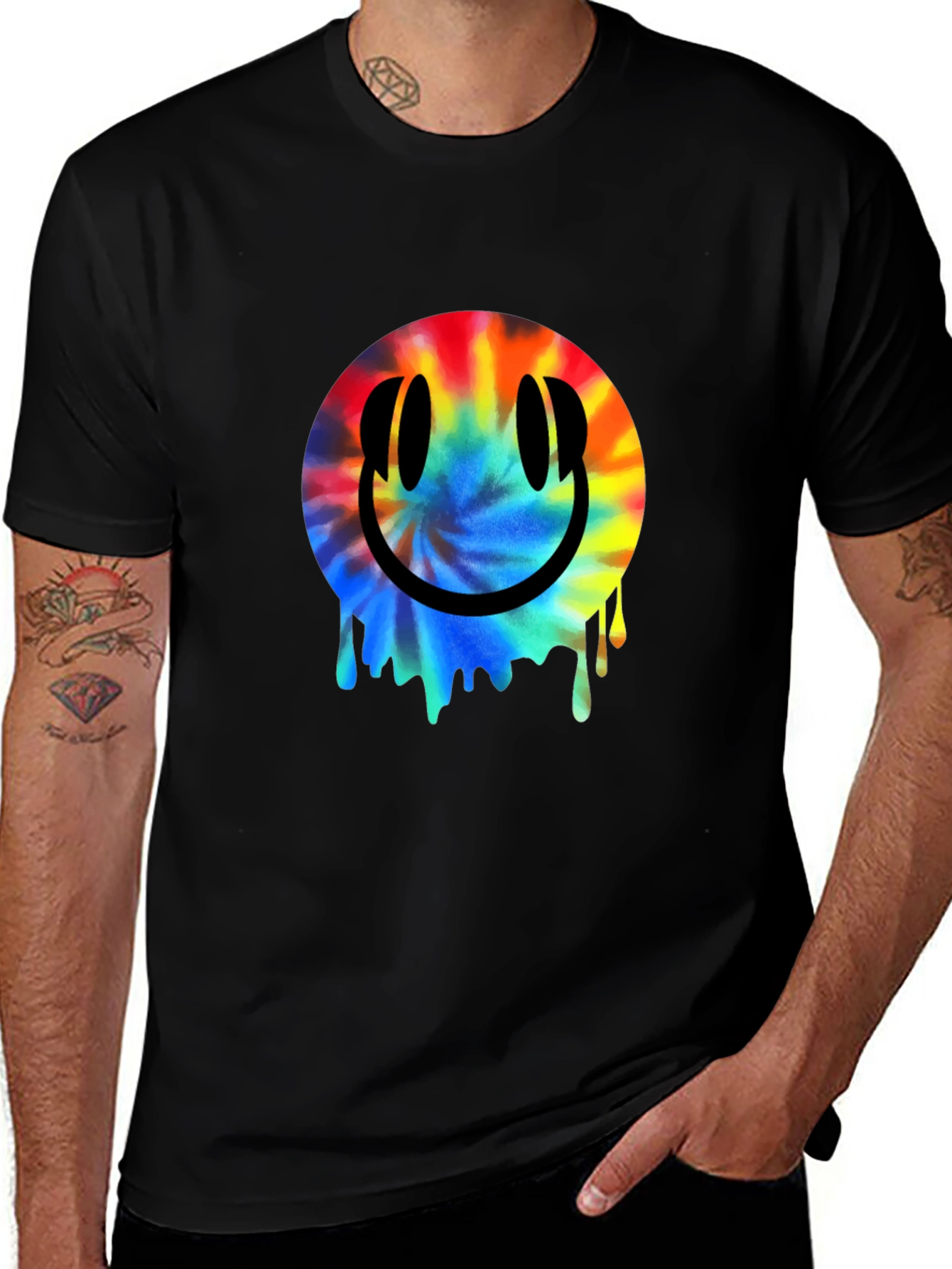 Smiley Face Tie-Dye Drip Black T-Shirt