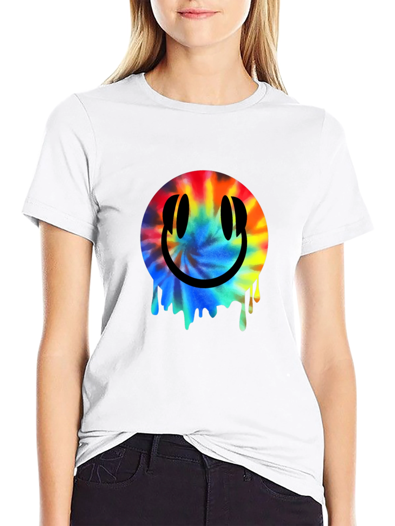 Smiley Face Tie-Dye Drip Black T-Shirt