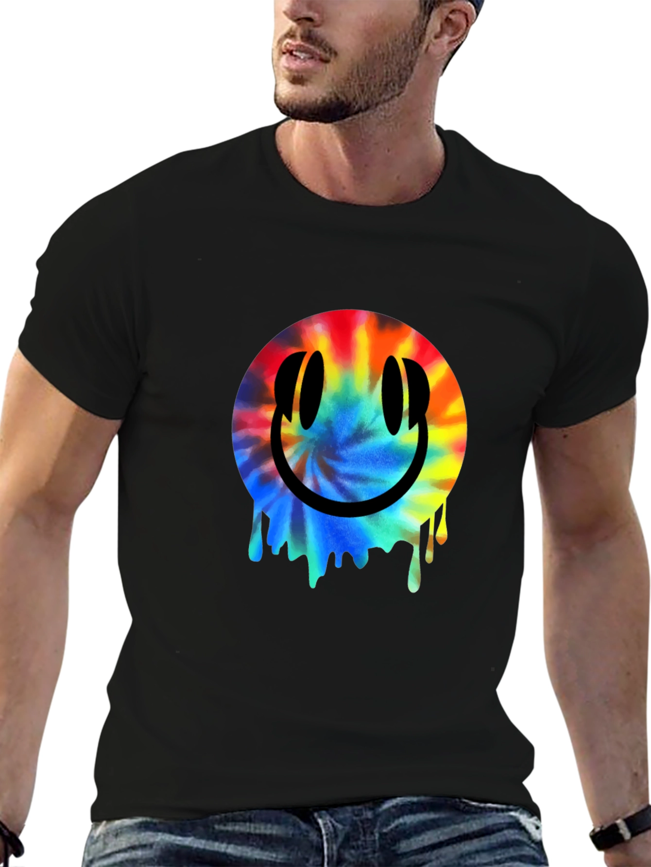 Smiley Face Tie-Dye Drip Black T-Shirt