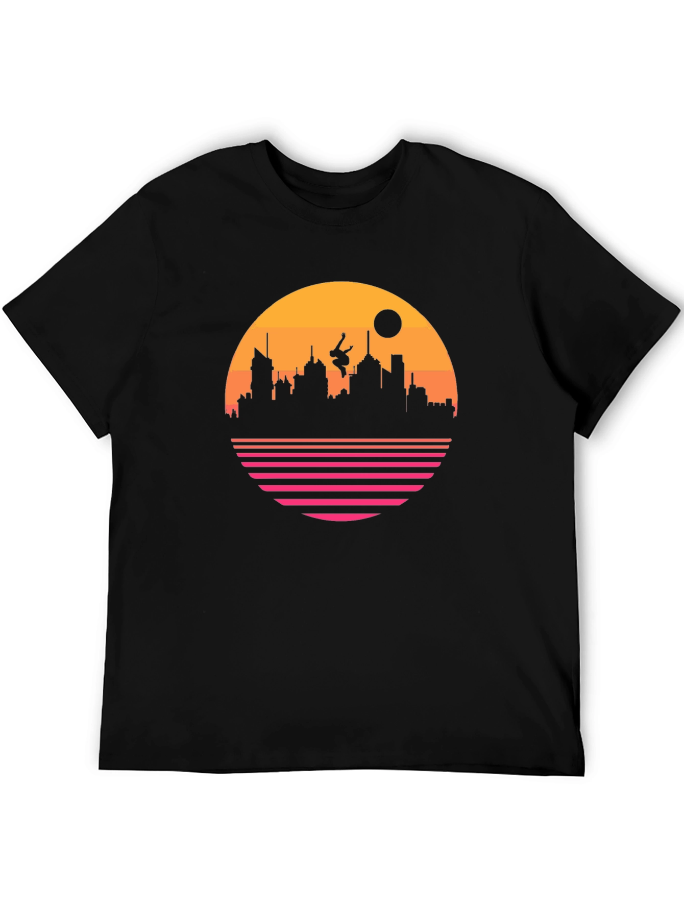 Retro Sunset Cityscape Black T-Shirt