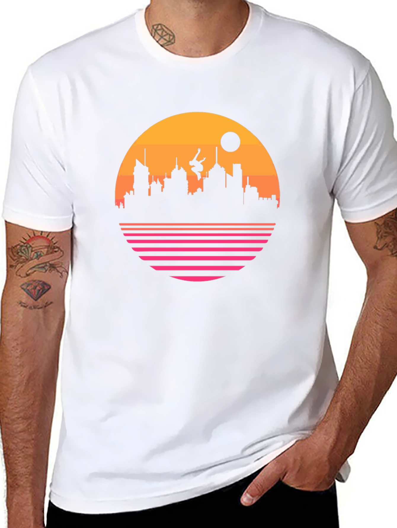 Retro Sunset Cityscape Black T-Shirt