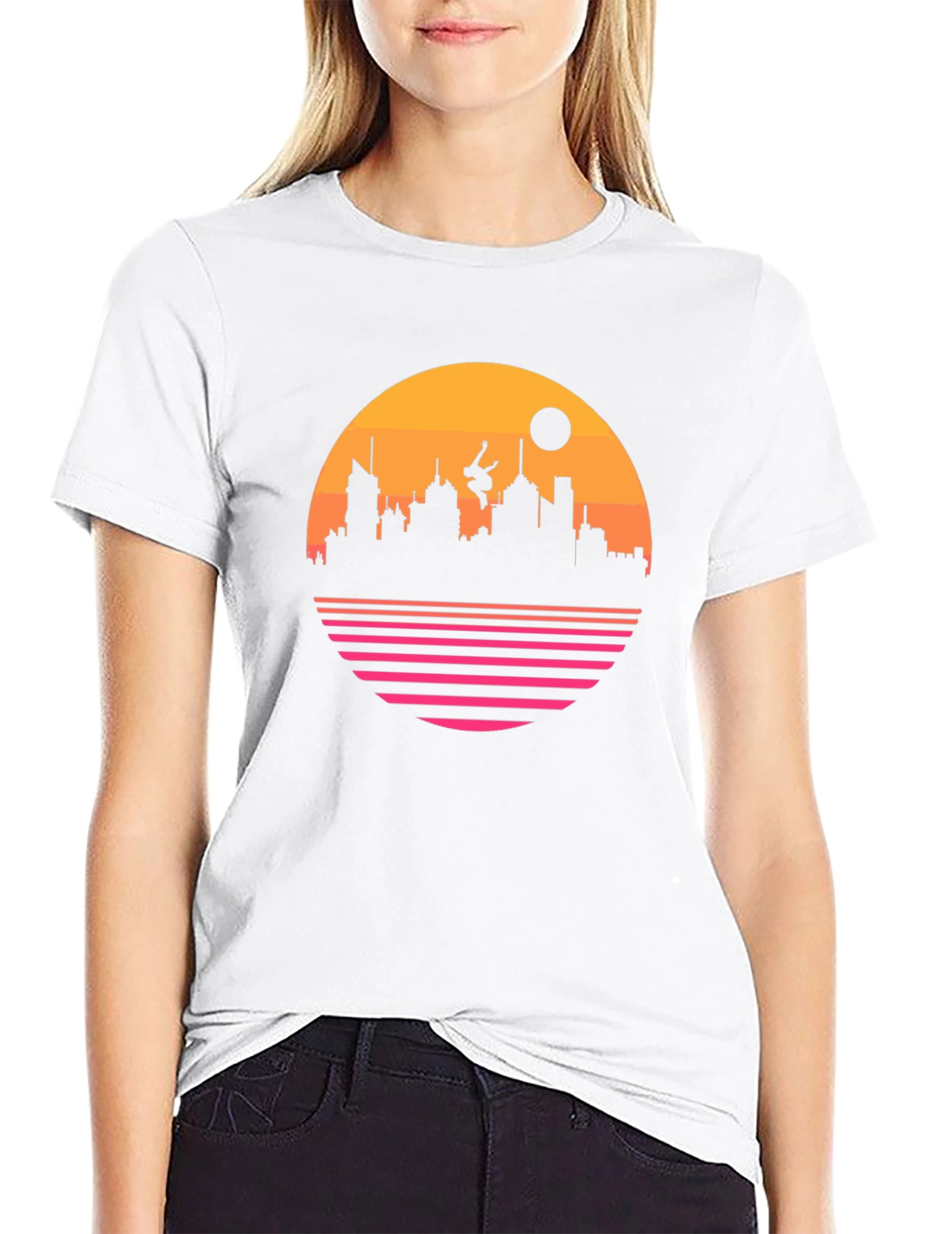 Retro Sunset Cityscape Black T-Shirt