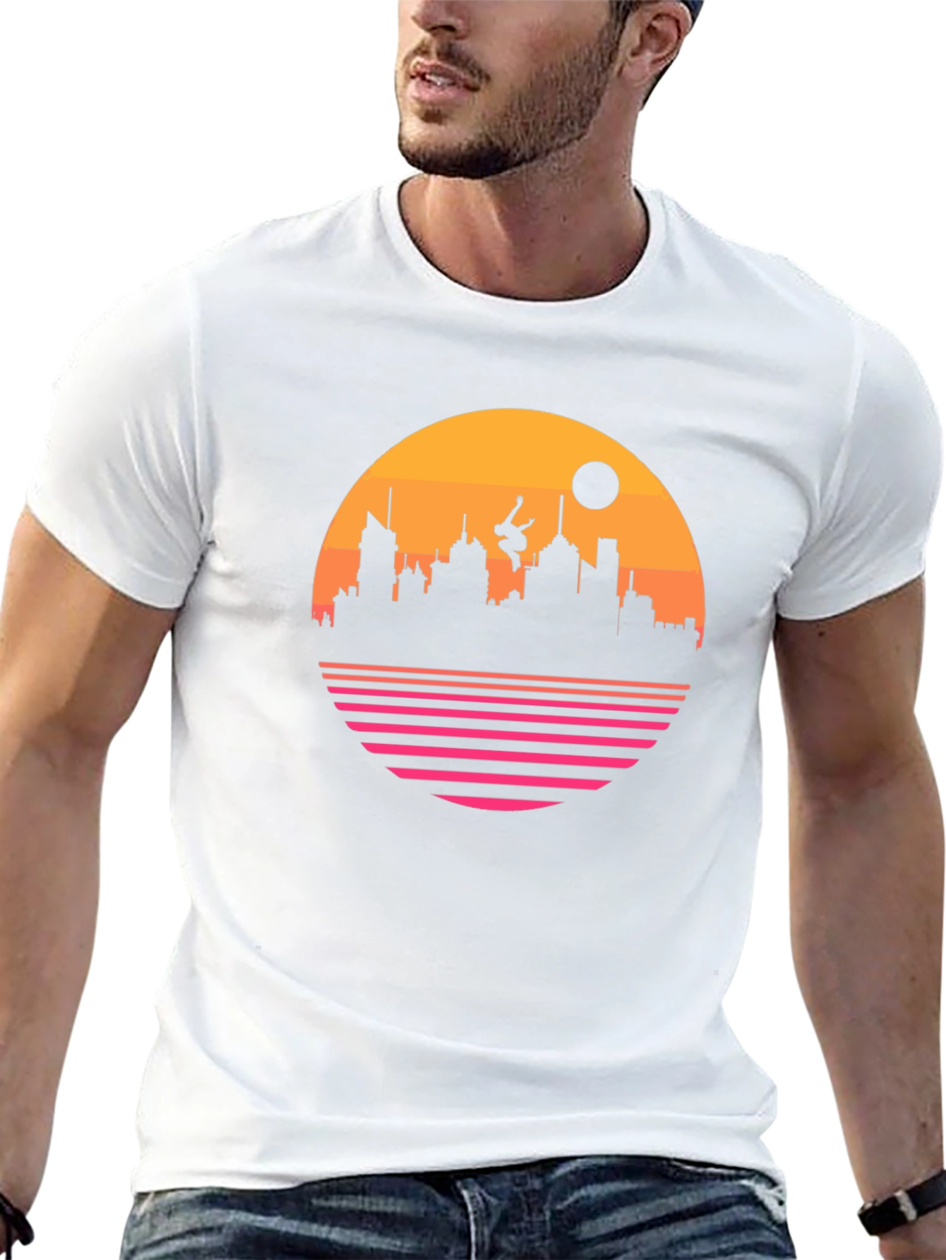 Retro Sunset Cityscape Black T-Shirt