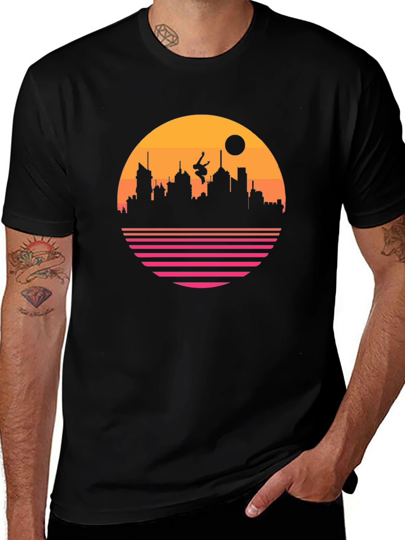 Retro Sunset Cityscape Black T-Shirt