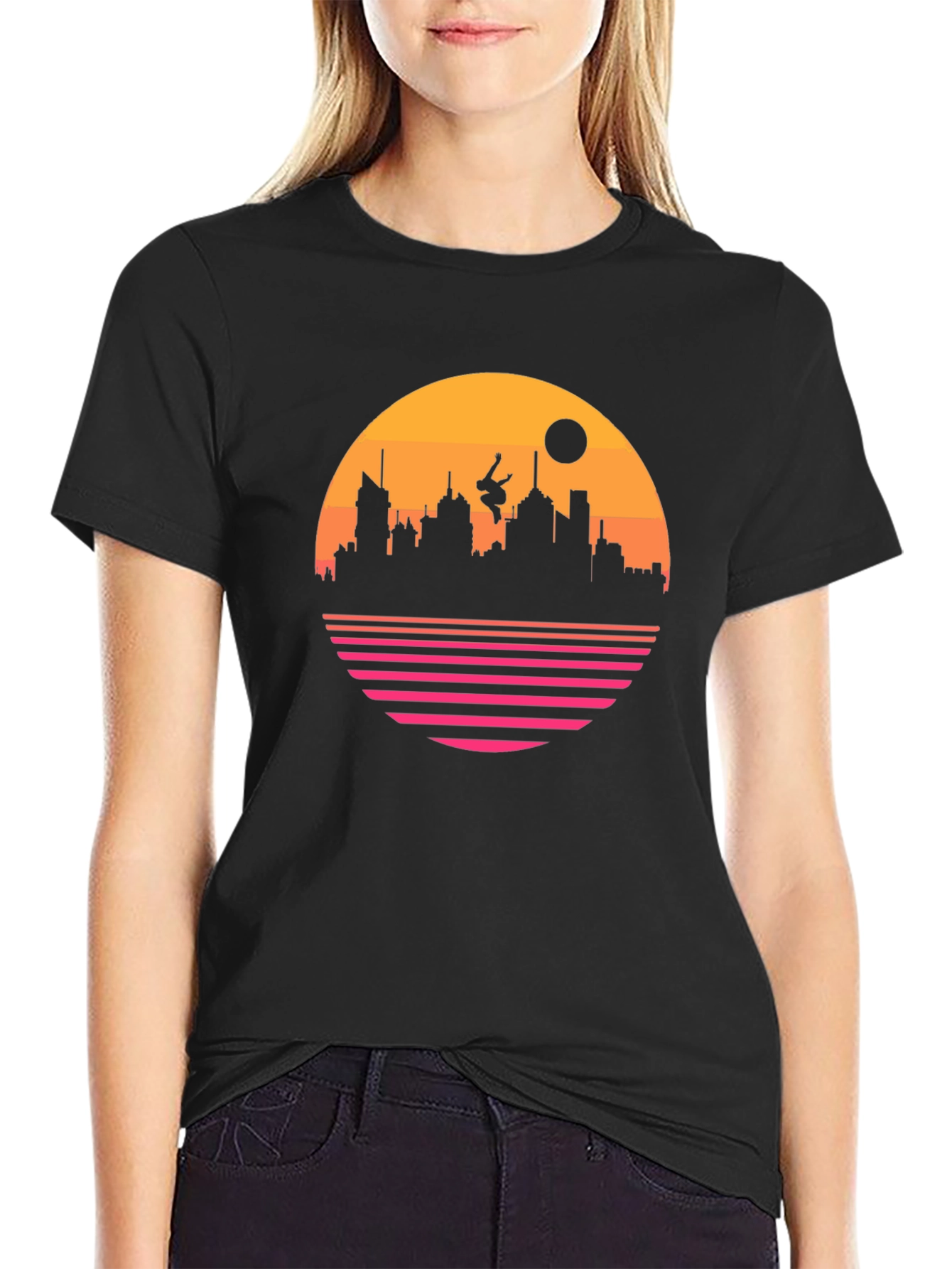 Retro Sunset Cityscape Black T-Shirt