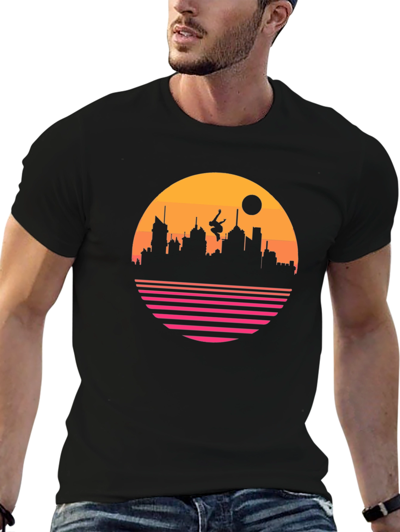 Retro Sunset Cityscape Black T-Shirt