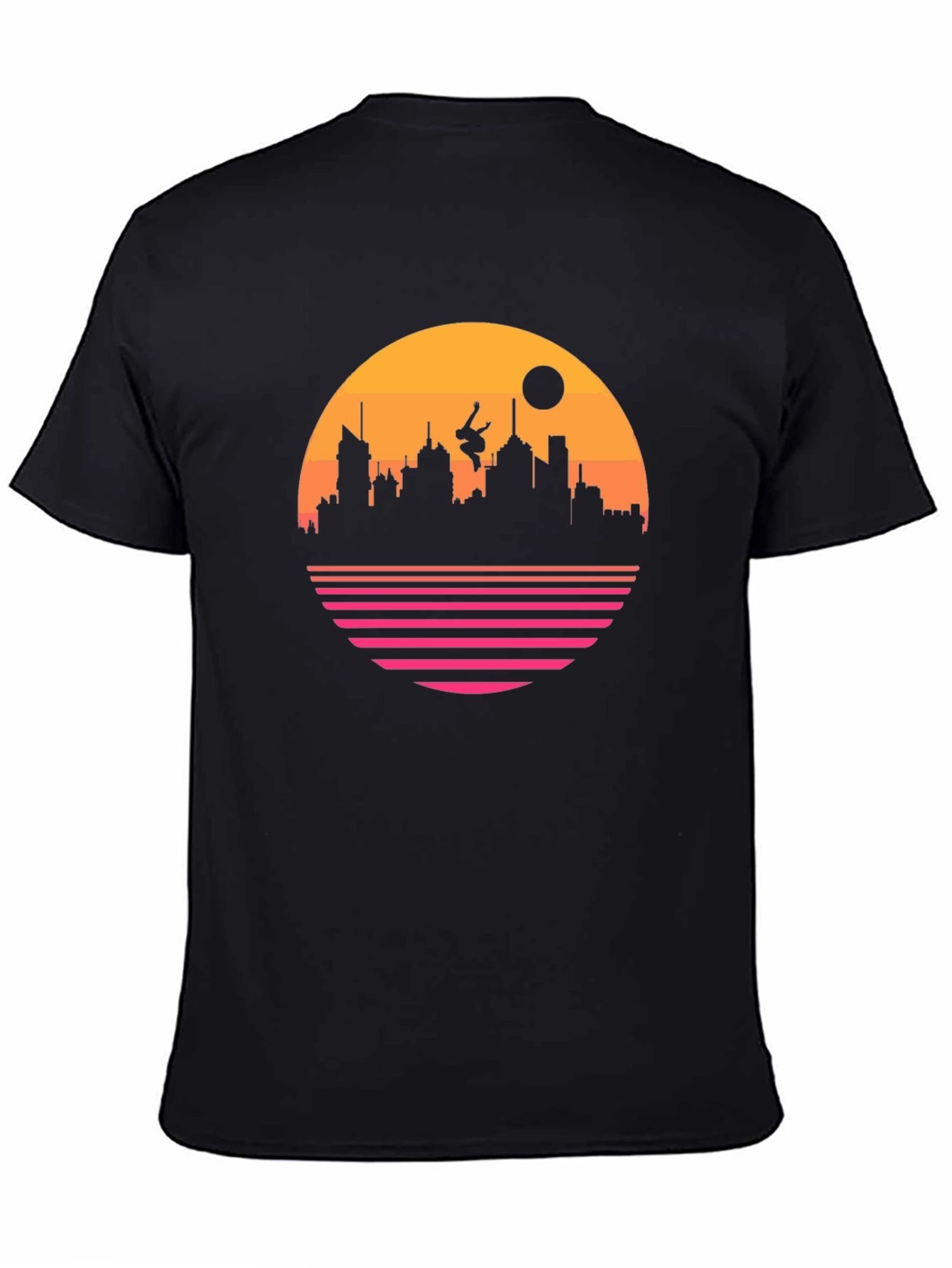 Retro Sunset Cityscape Black T-Shirt