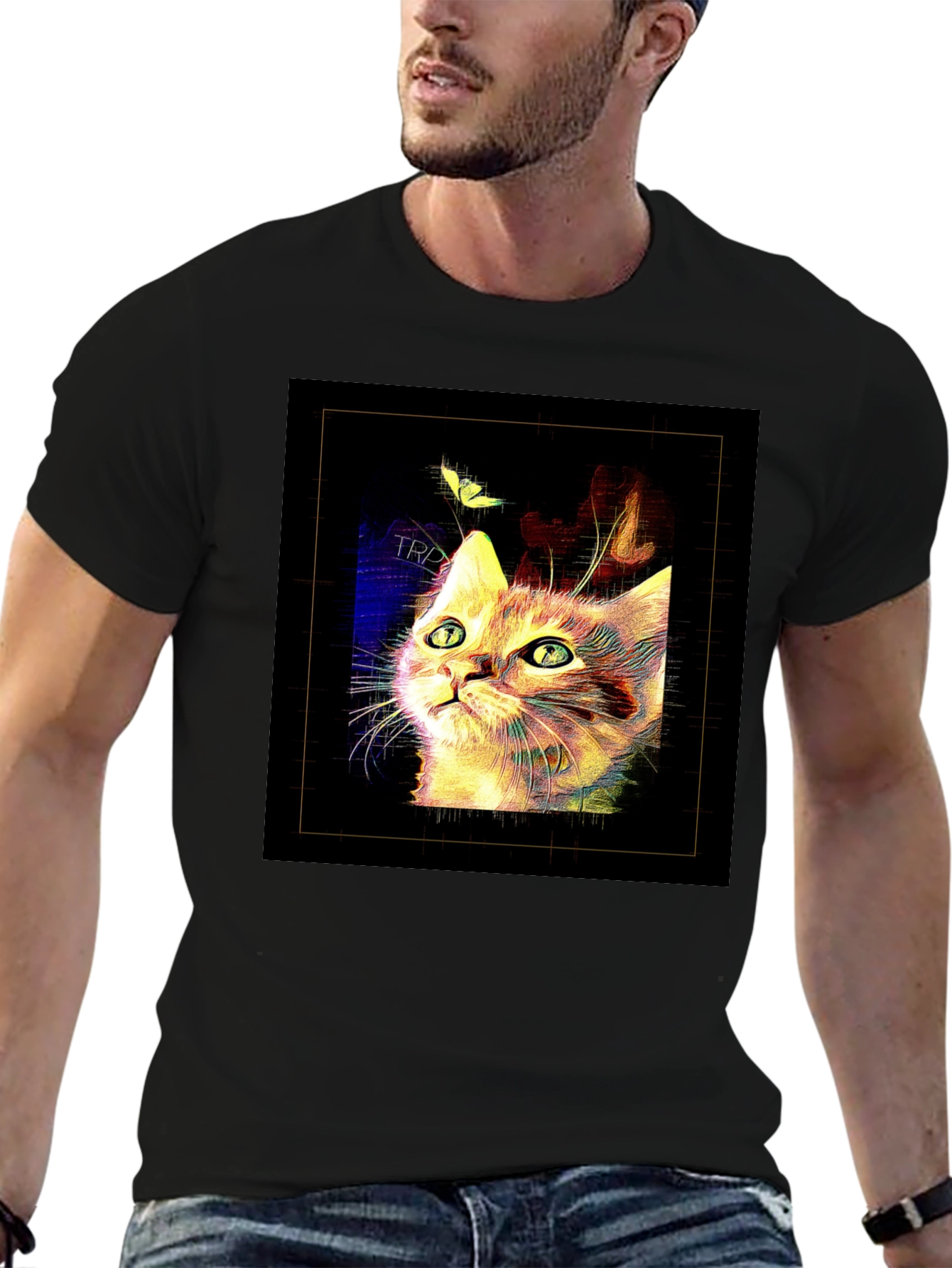 Abstract Cat & Butterfly Black Graphic Tee