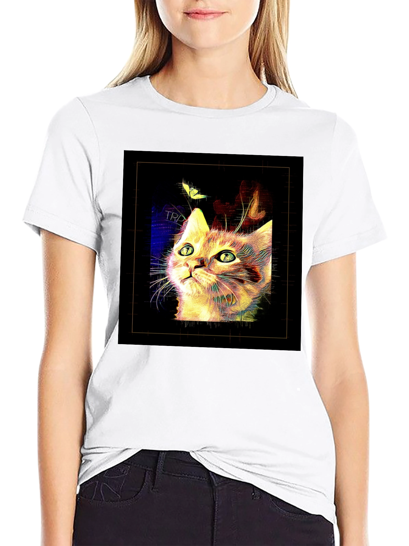 Abstract Cat & Butterfly Black Graphic Tee