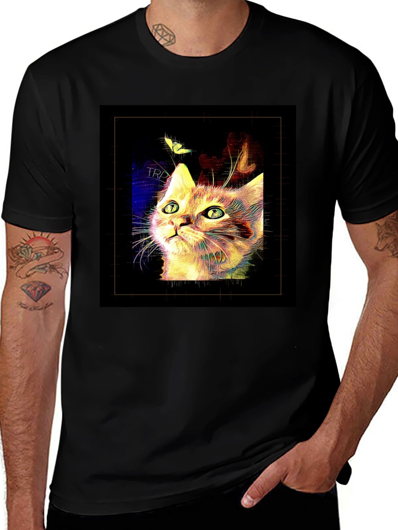 Abstract Cat & Butterfly Black Graphic Tee