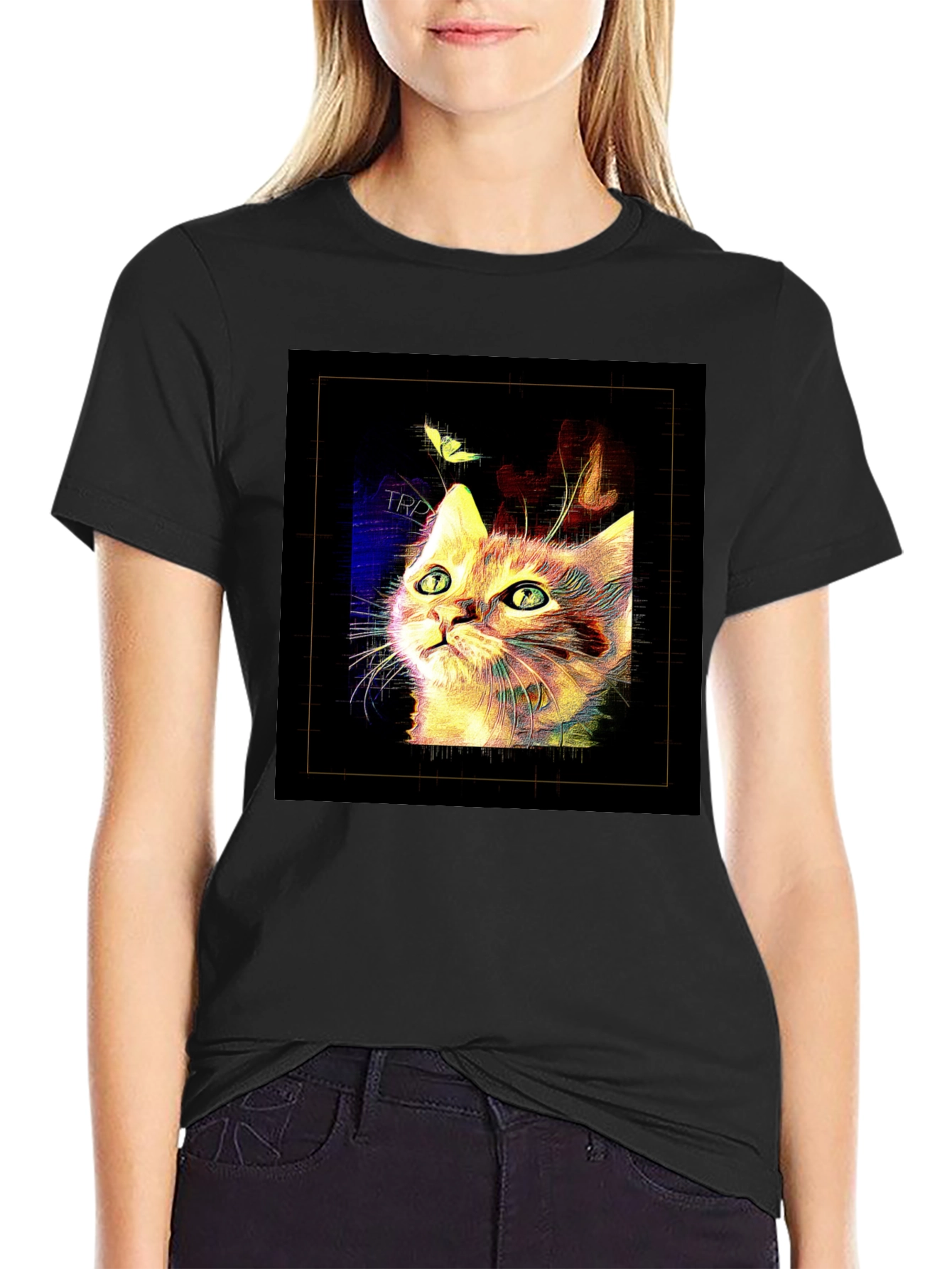 Abstract Cat & Butterfly Black Graphic Tee