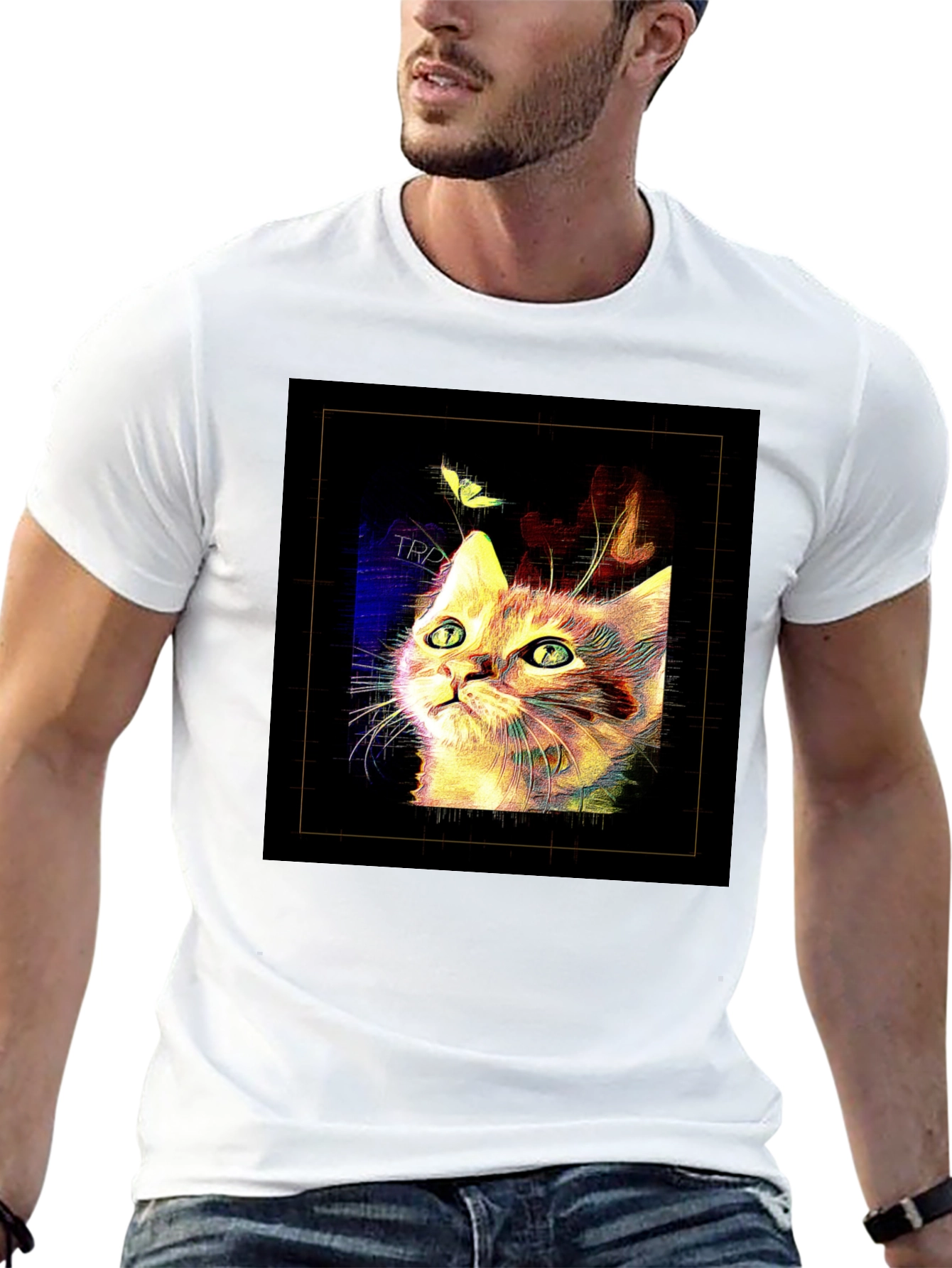 Abstract Cat & Butterfly Black Graphic Tee