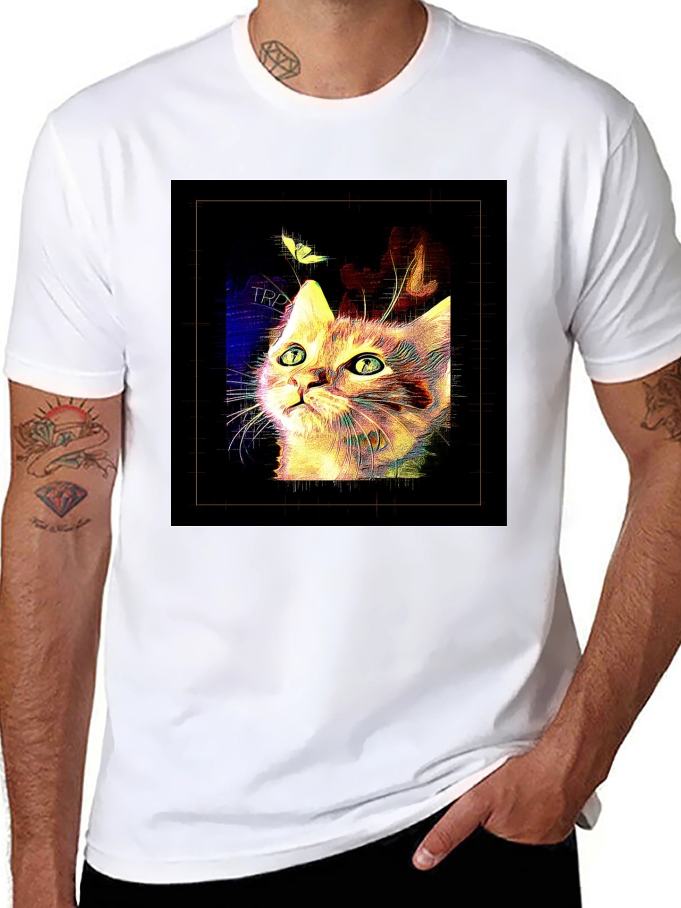 Abstract Cat & Butterfly Black Graphic Tee