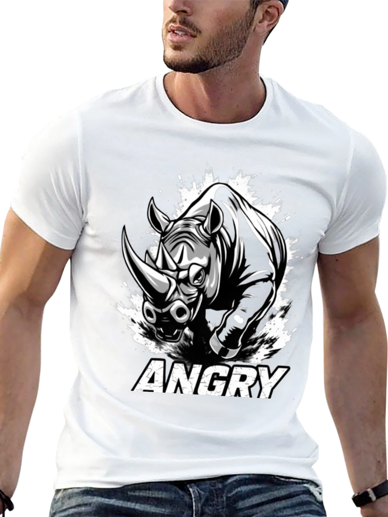 Angry Rhino Graphic Tee - Mens Black Cotton T-Shirt