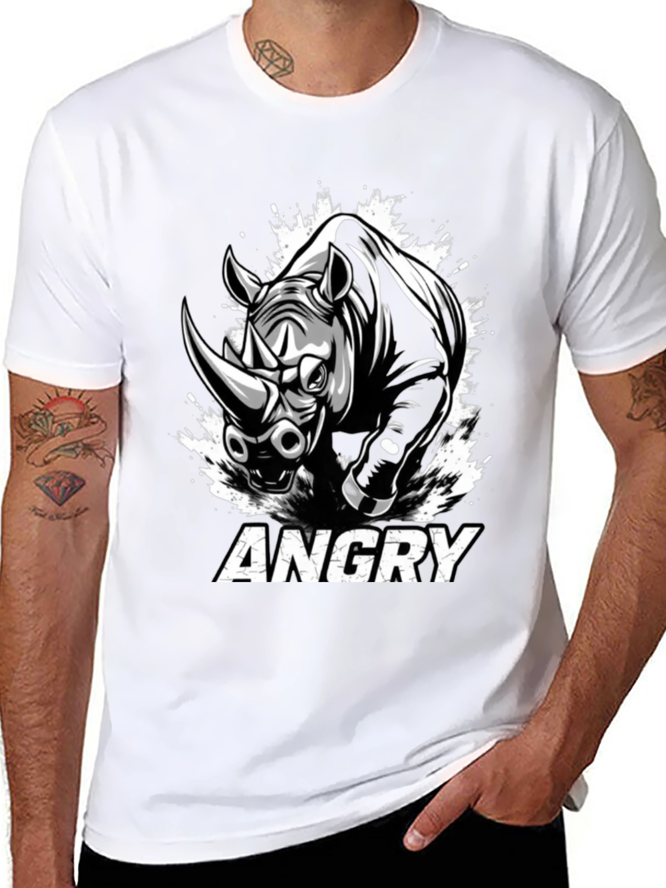 Angry Rhino Graphic Tee - Mens Black Cotton T-Shirt