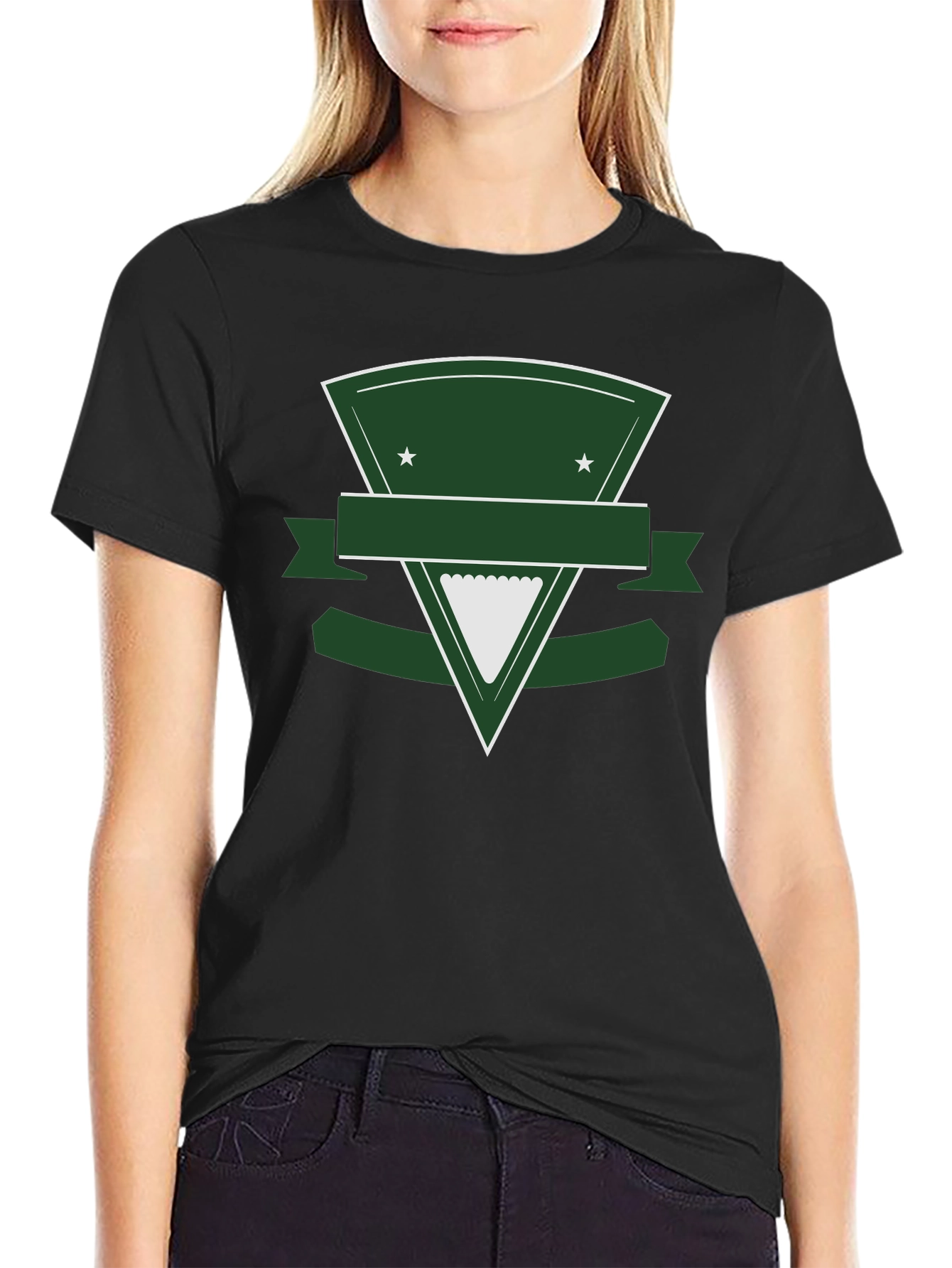 Black T-Shirt with Green Triangle Shield Graphic