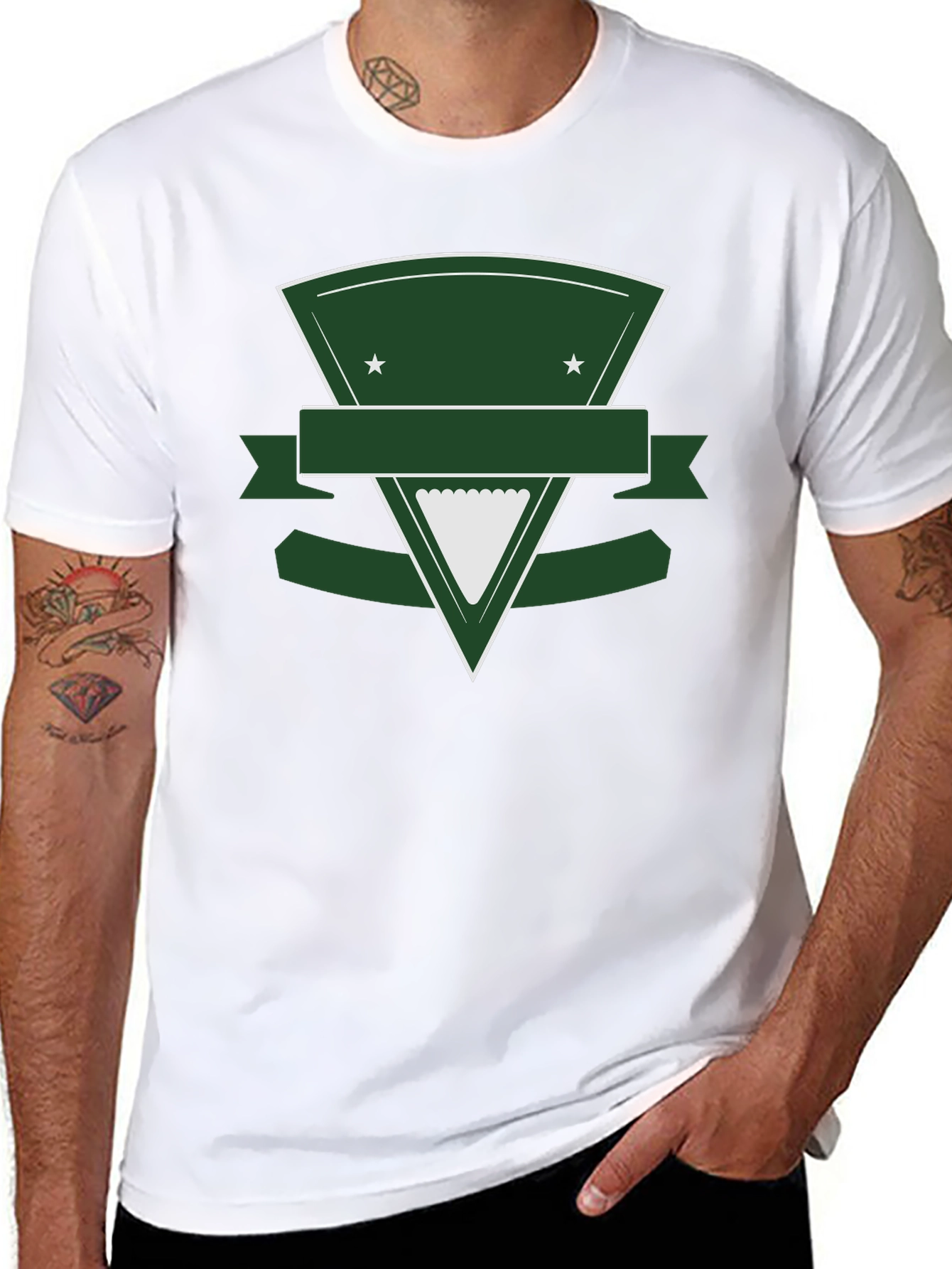 Black T-Shirt with Green Triangle Shield Graphic