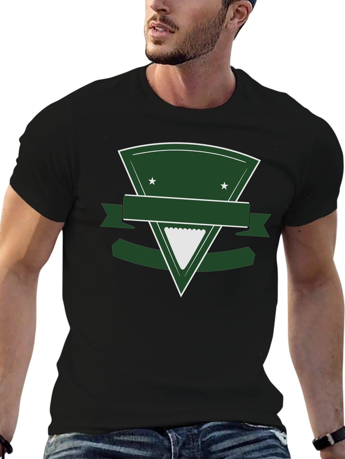 Black T-Shirt with Green Triangle Shield Graphic