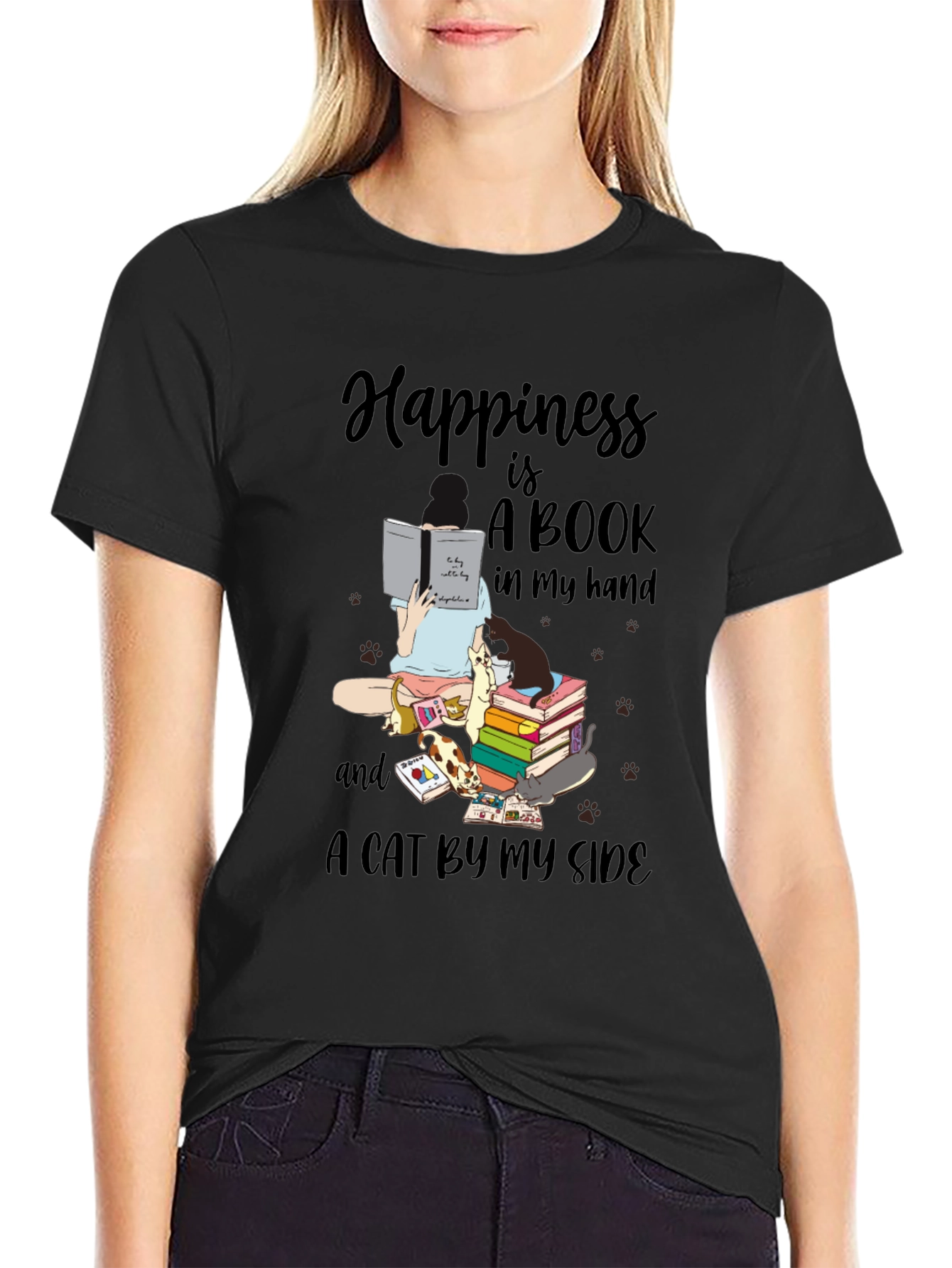 Happiness is Books and Cats T-Shirt