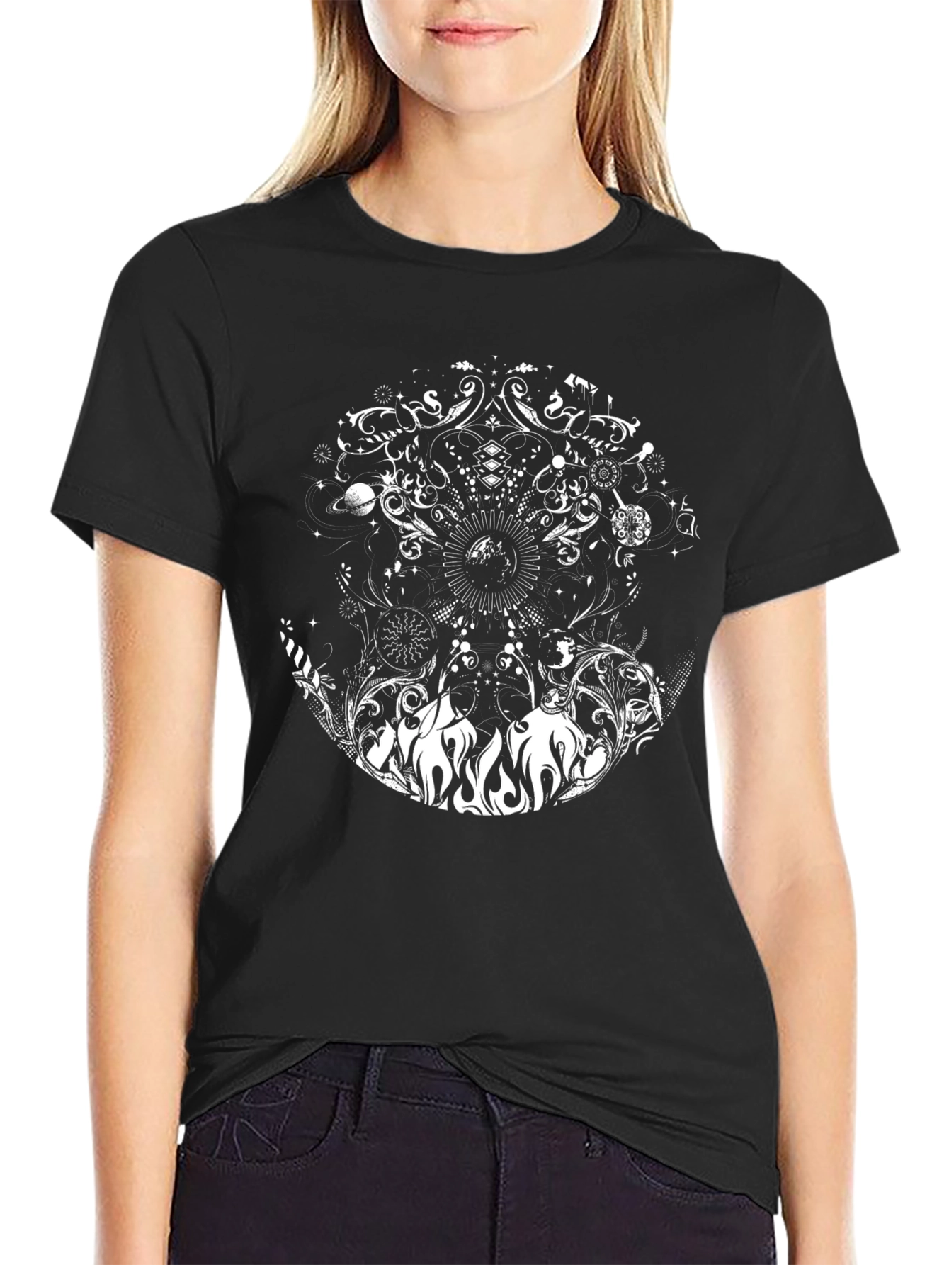 Black Tee with Mystical Celestial Design