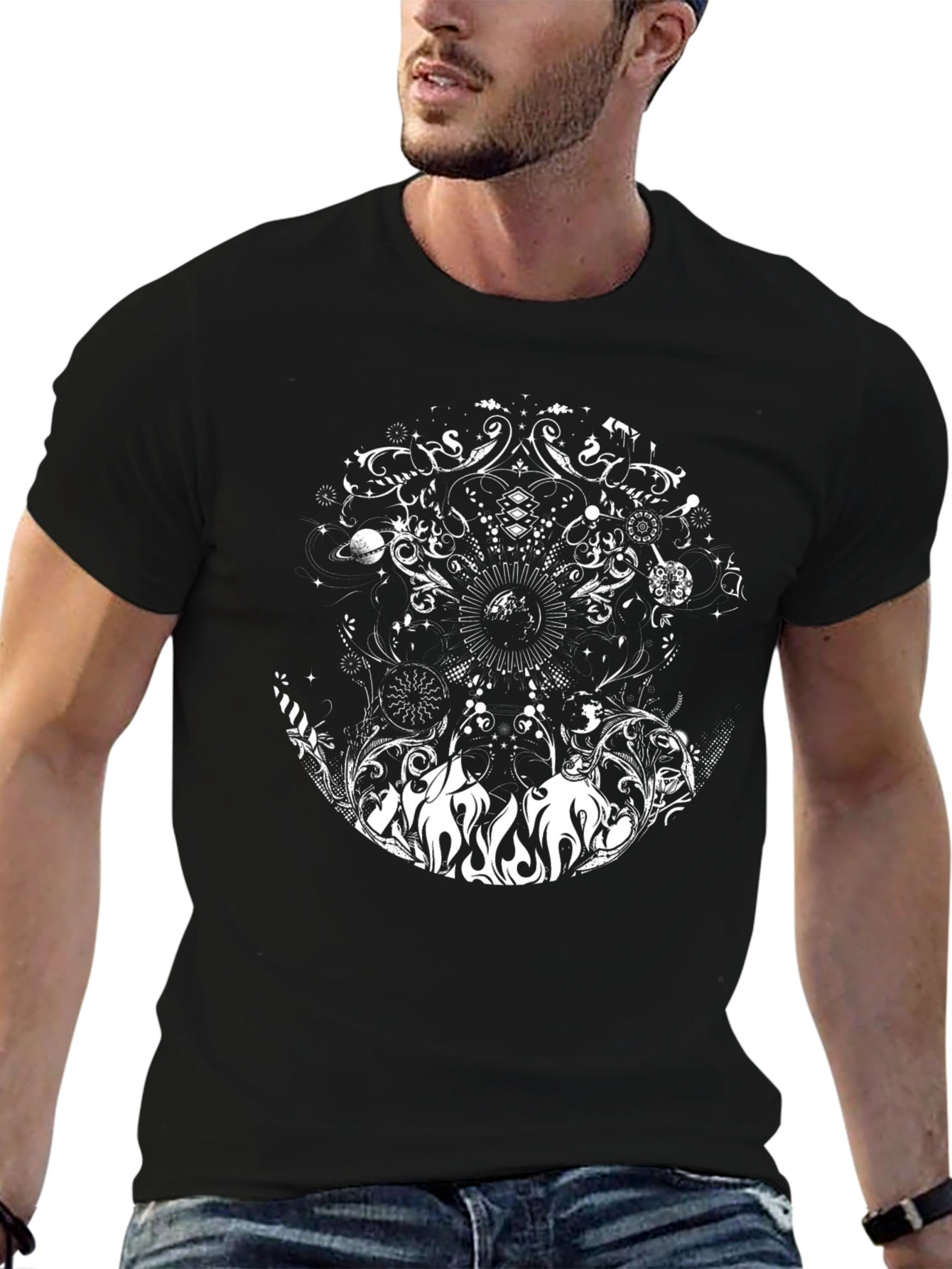 Black Tee with Mystical Celestial Design