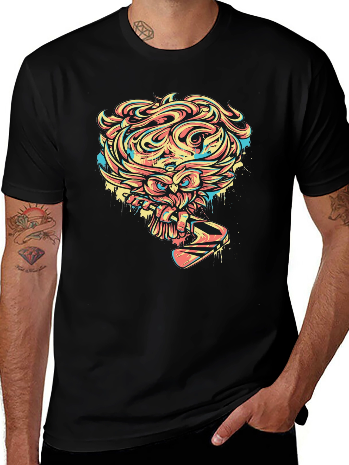 Owl Graphic Print Black T-Shirt