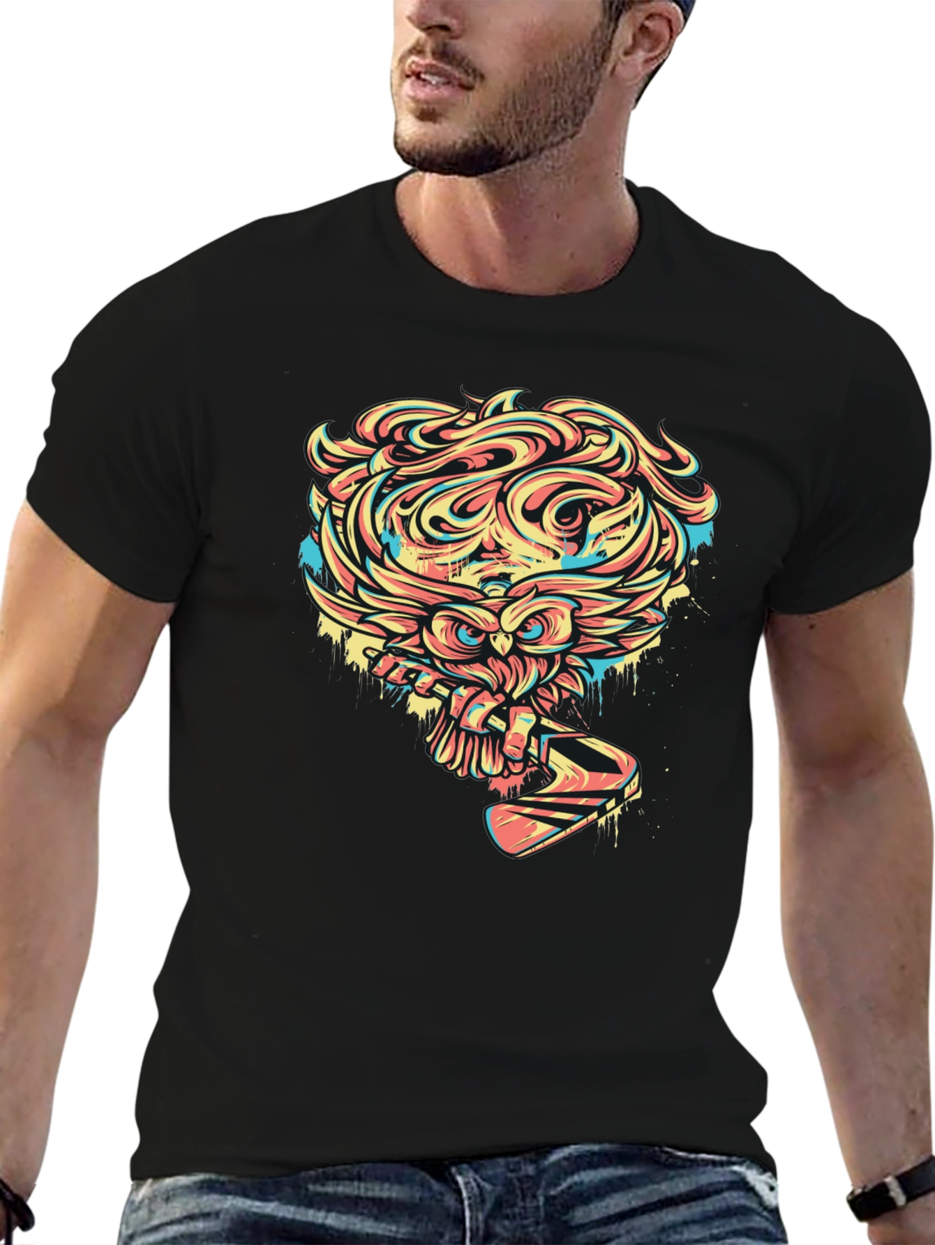 Owl Graphic Print Black T-Shirt