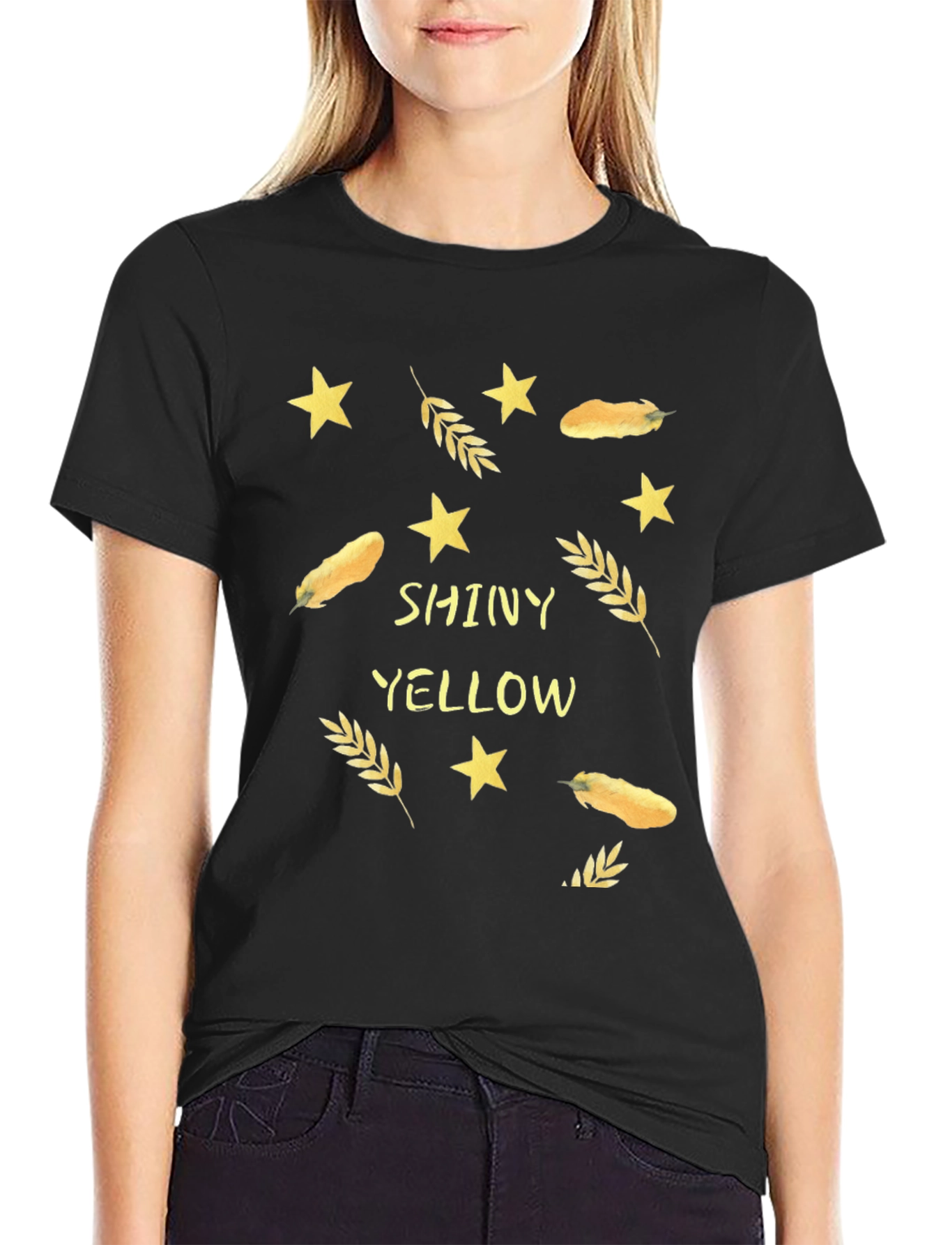 Shiny Yellow Print Black T-Shirt