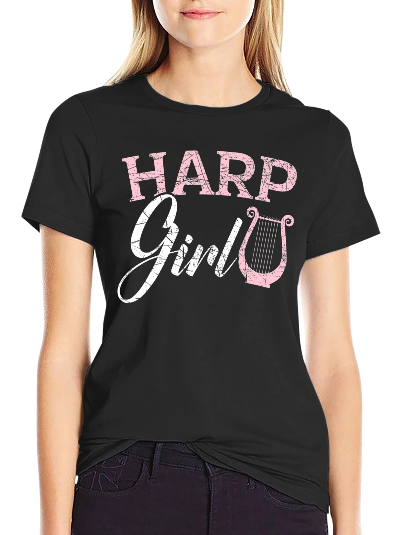 Harp Girl T-Shirt - Musician Tee - Pink Harp