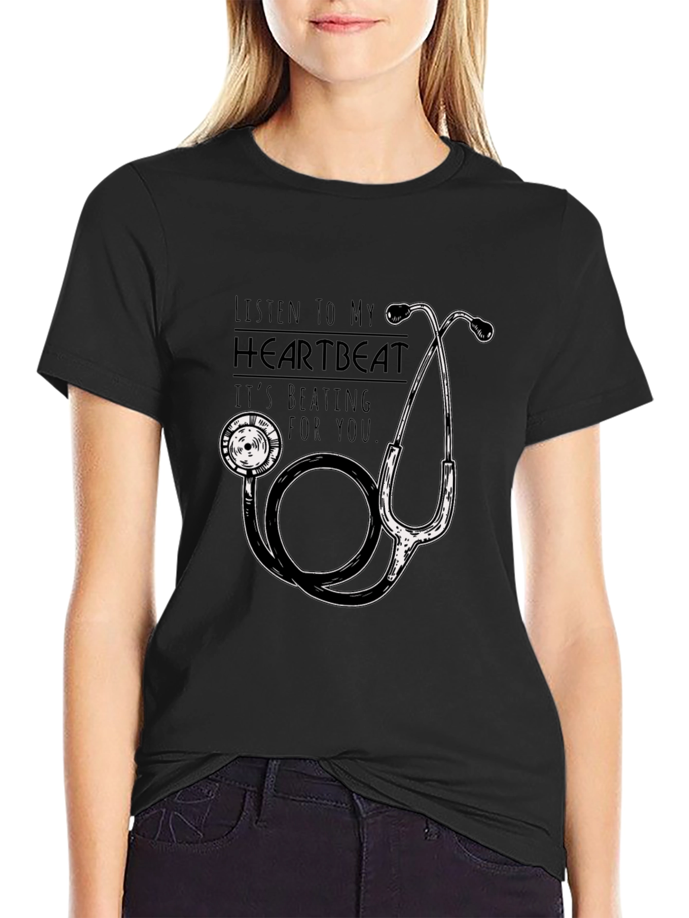 Heartbeat Stethoscope Graphic T-Shirt - Black