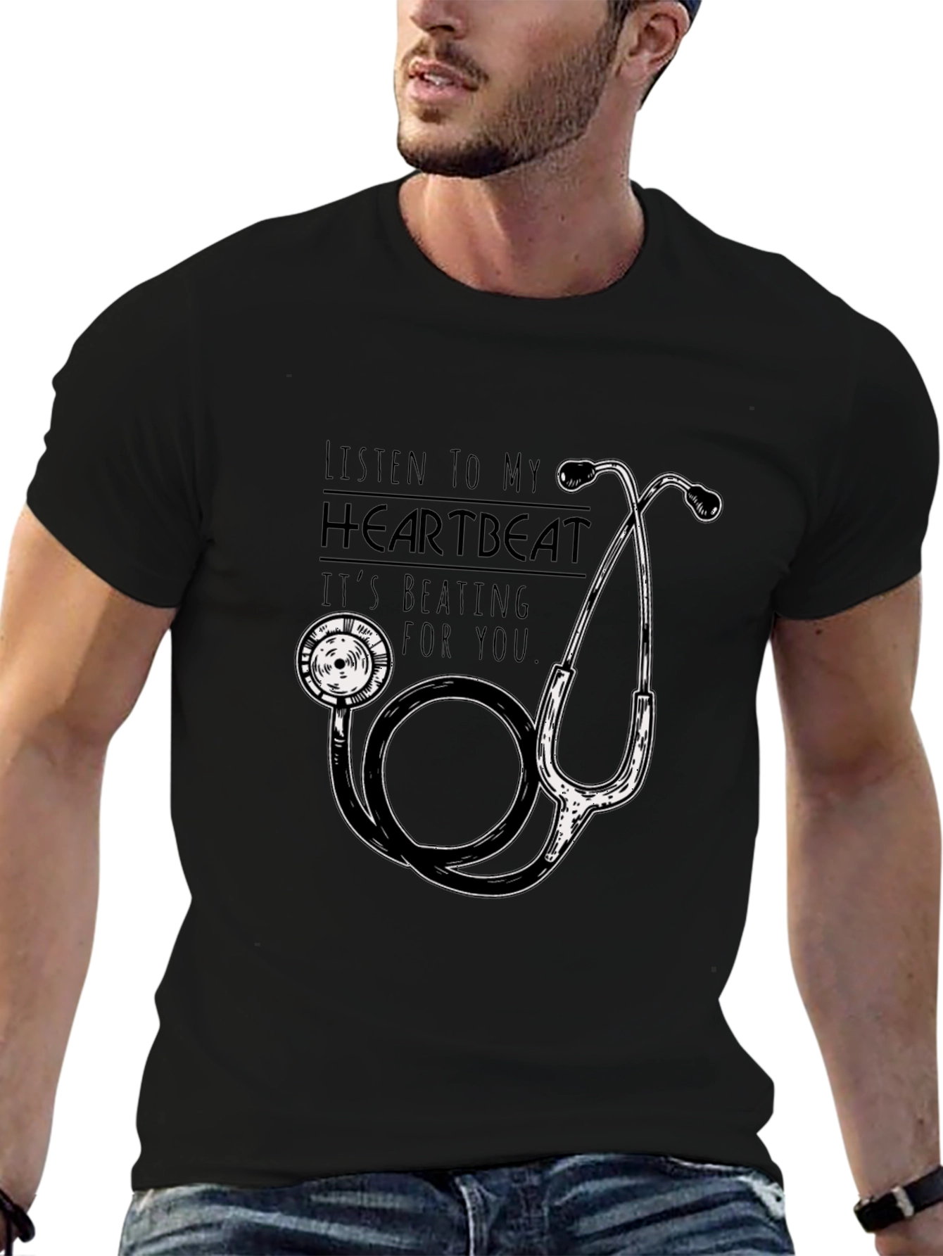 Heartbeat Stethoscope Graphic T-Shirt - Black