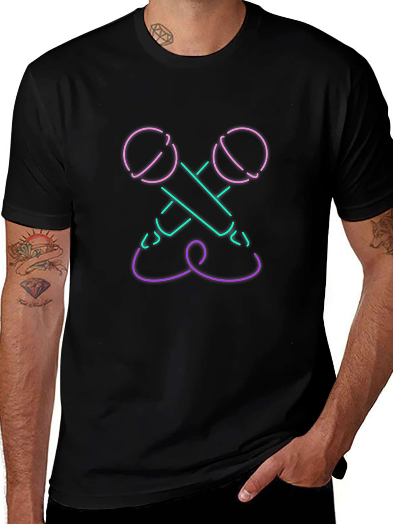 Neon Microphone Graphic Tee - Black Cotton Blend