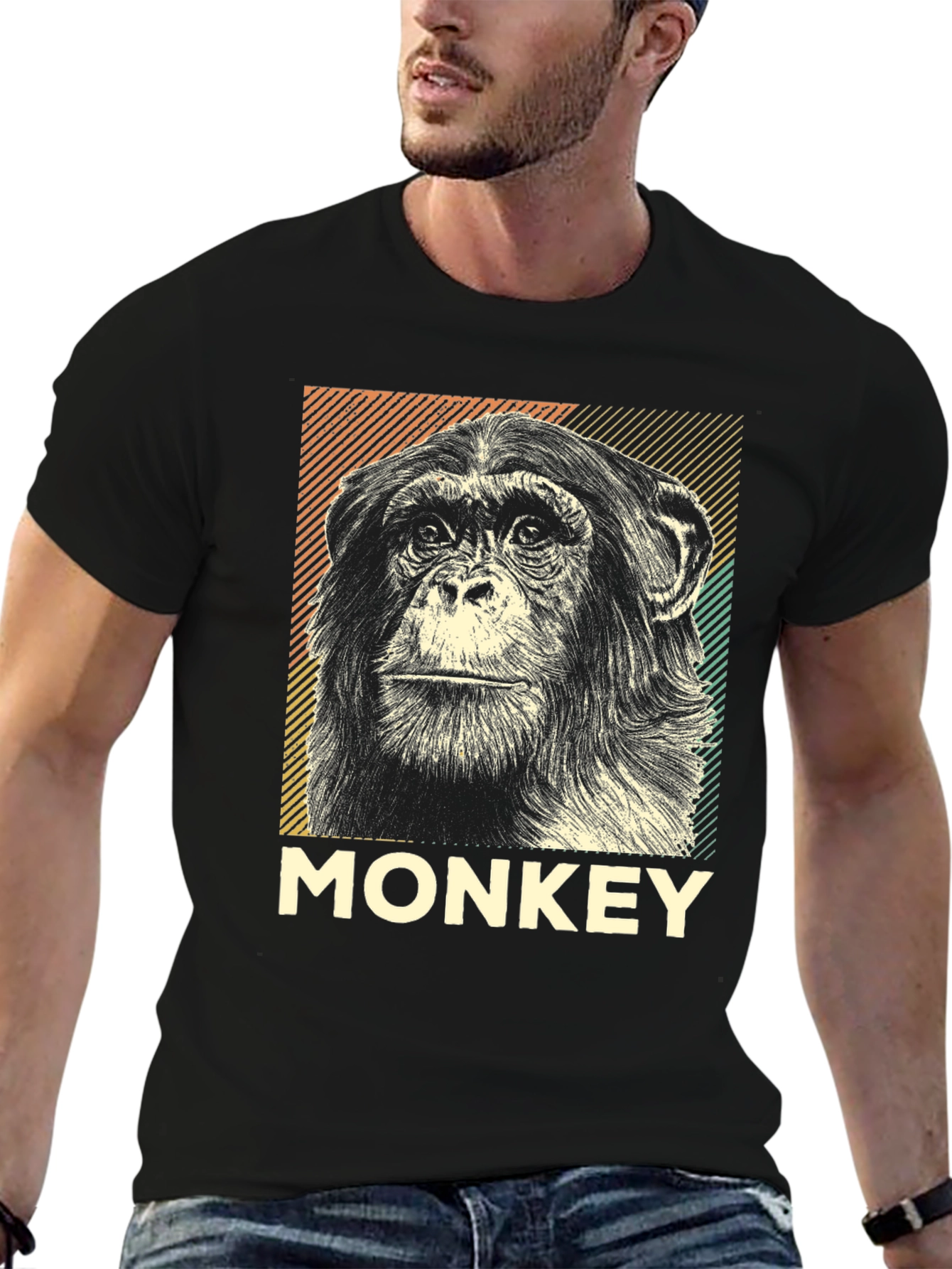 Retro Monkey Graphic Tee - Black Cotton T-Shirt
