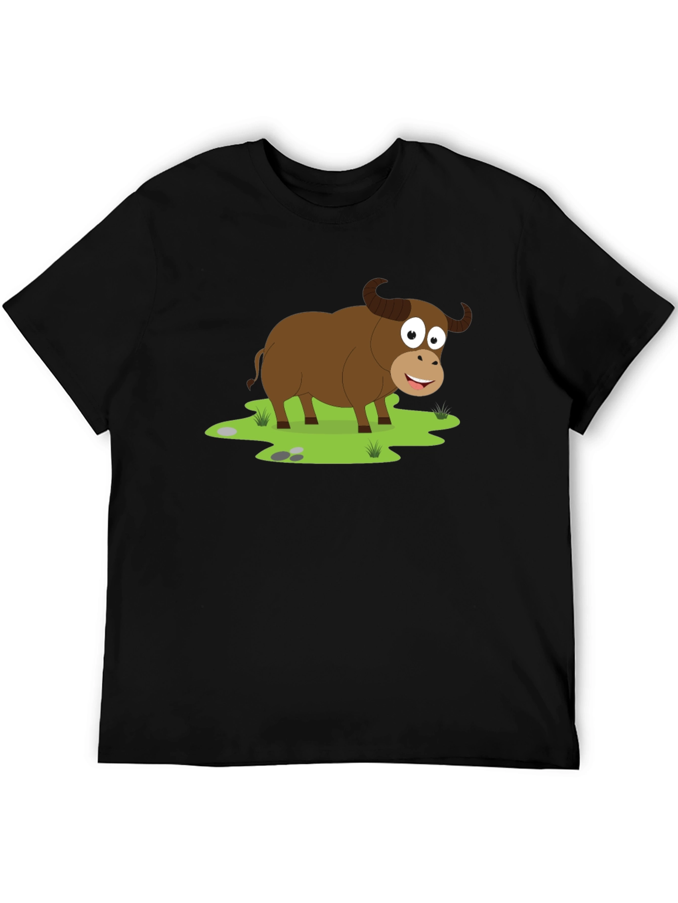 Cartoon Buffalo Graphic Tee - Black Cotton T-Shirt