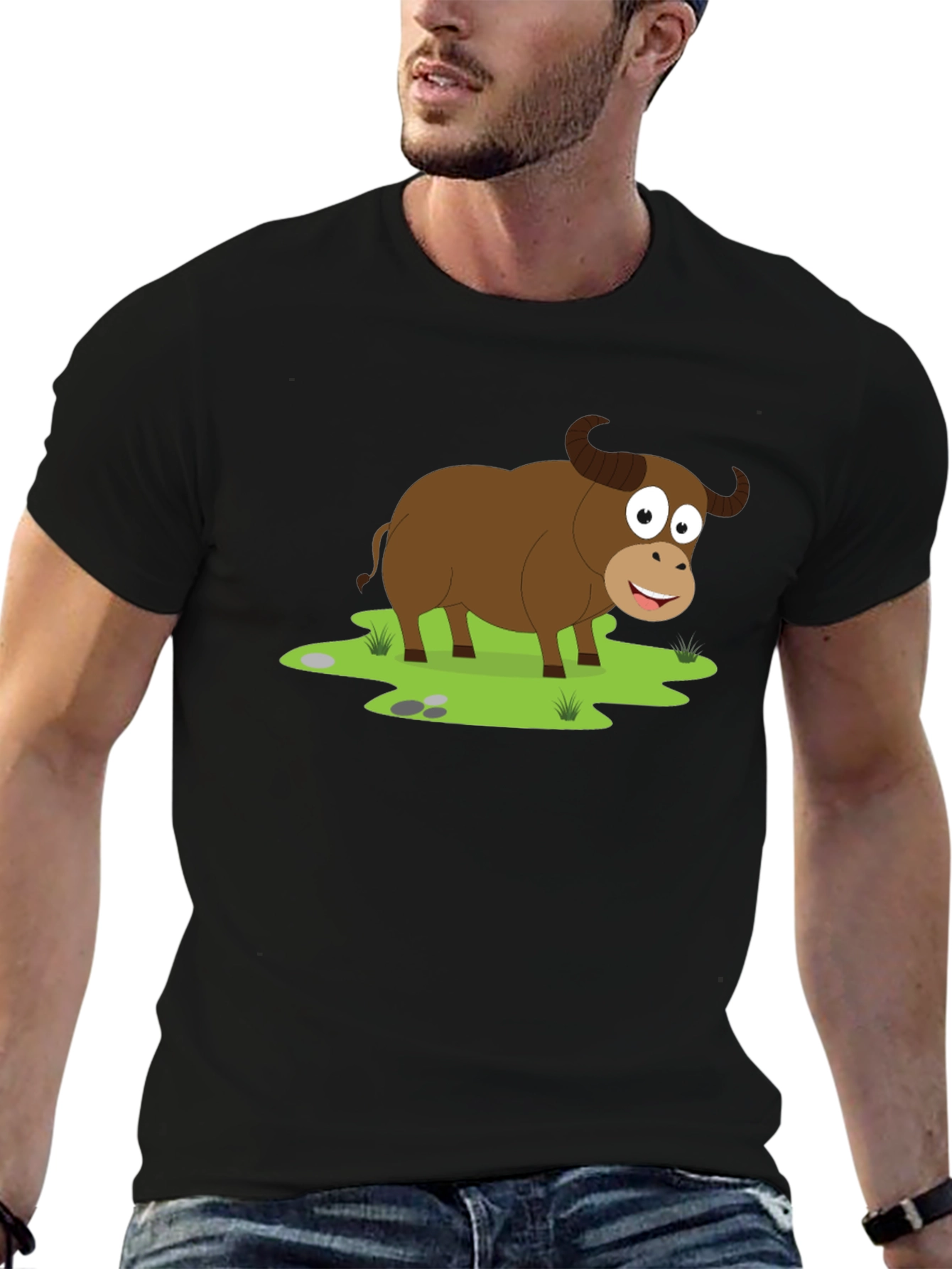 Cartoon Buffalo Graphic Tee - Black Cotton T-Shirt