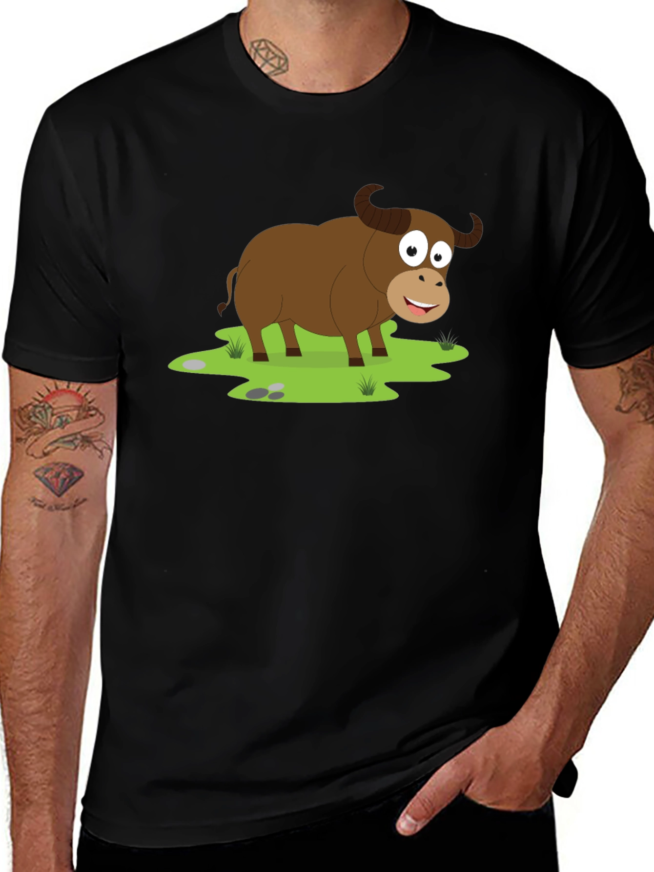 Cartoon Buffalo Graphic Tee - Black Cotton T-Shirt