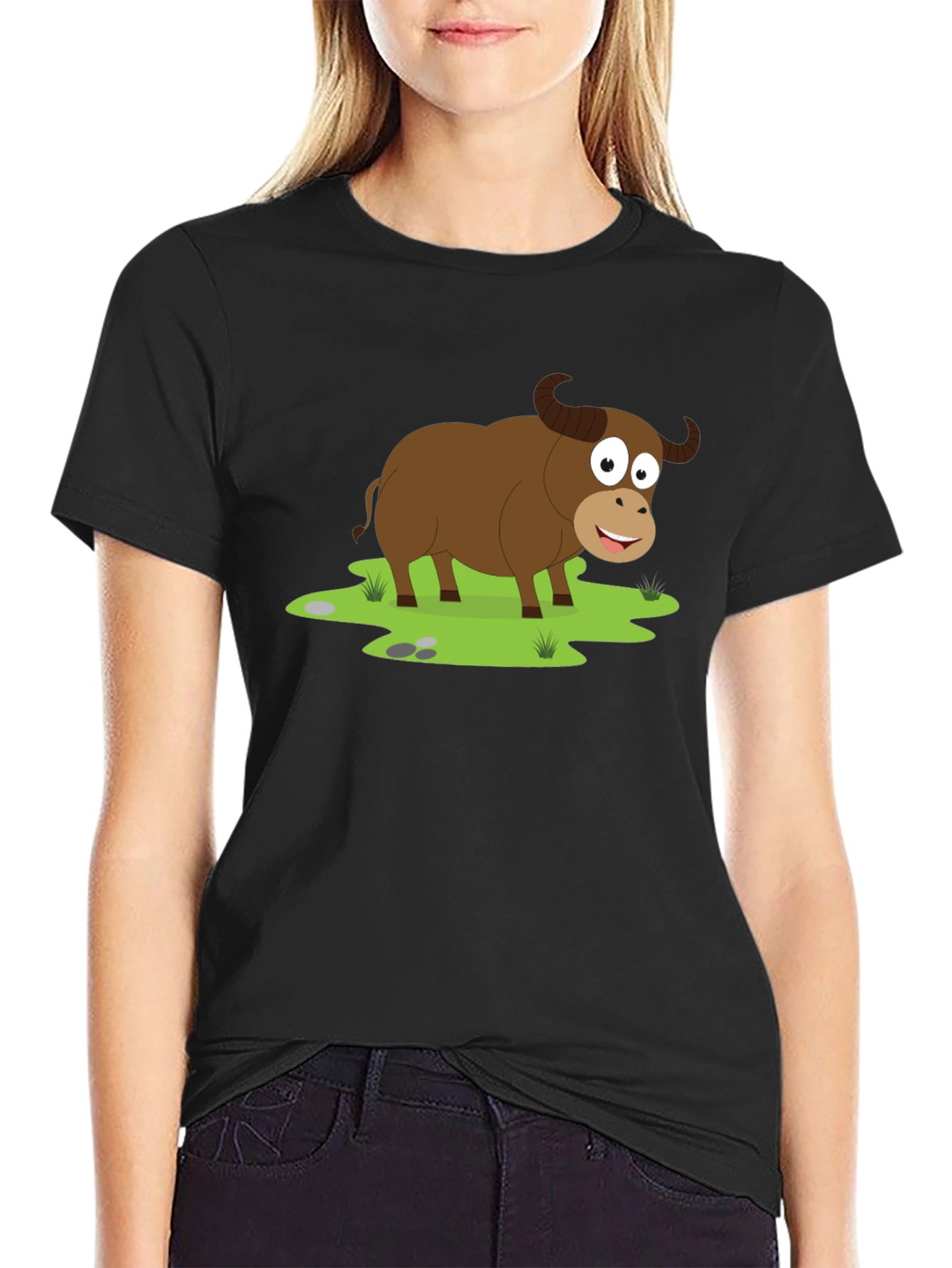 Cartoon Buffalo Graphic Tee - Black Cotton T-Shirt