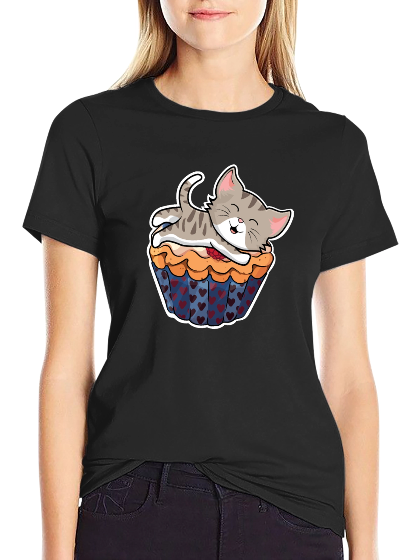 Cute Kitten Cupcake Black T-Shirt