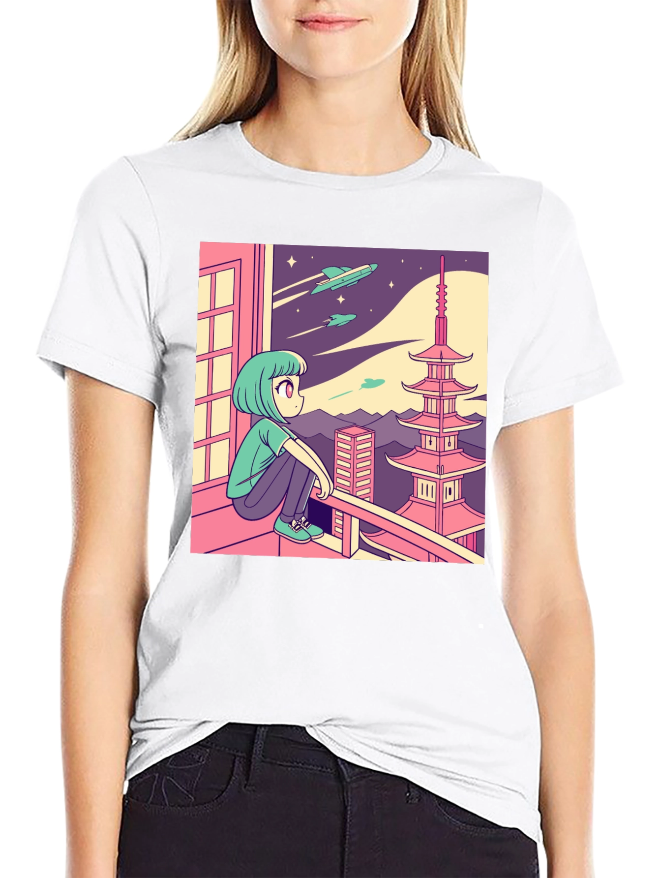 Anime Girl Stargazing Graphic Tee