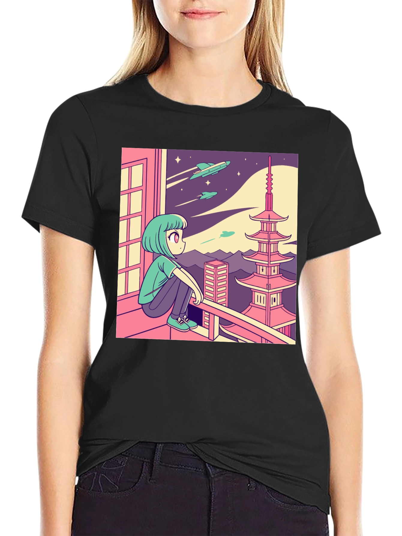 Anime Girl Stargazing Graphic Tee