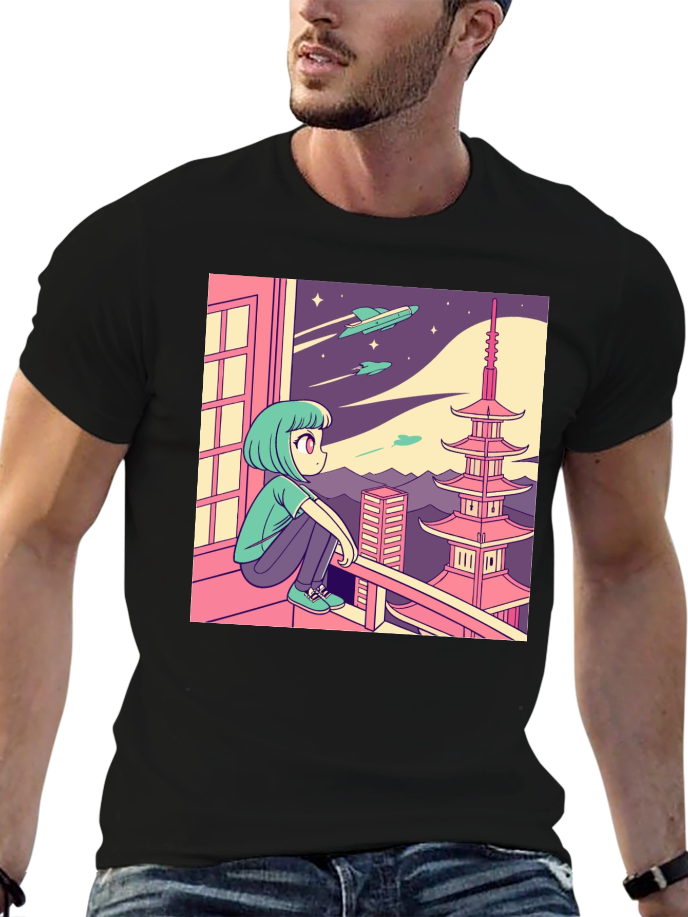 Anime Girl Stargazing Graphic Tee