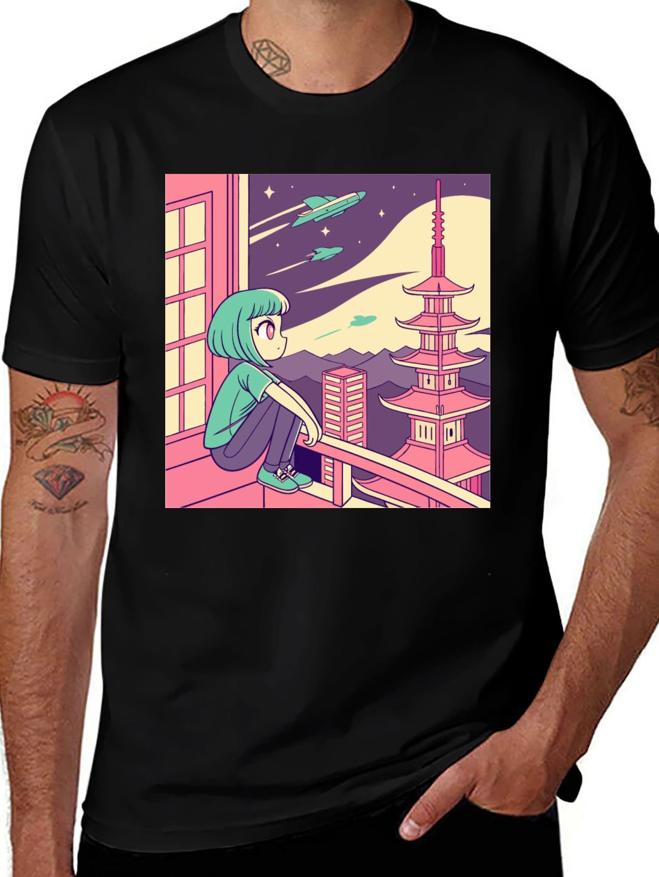 Anime Girl Stargazing Graphic Tee