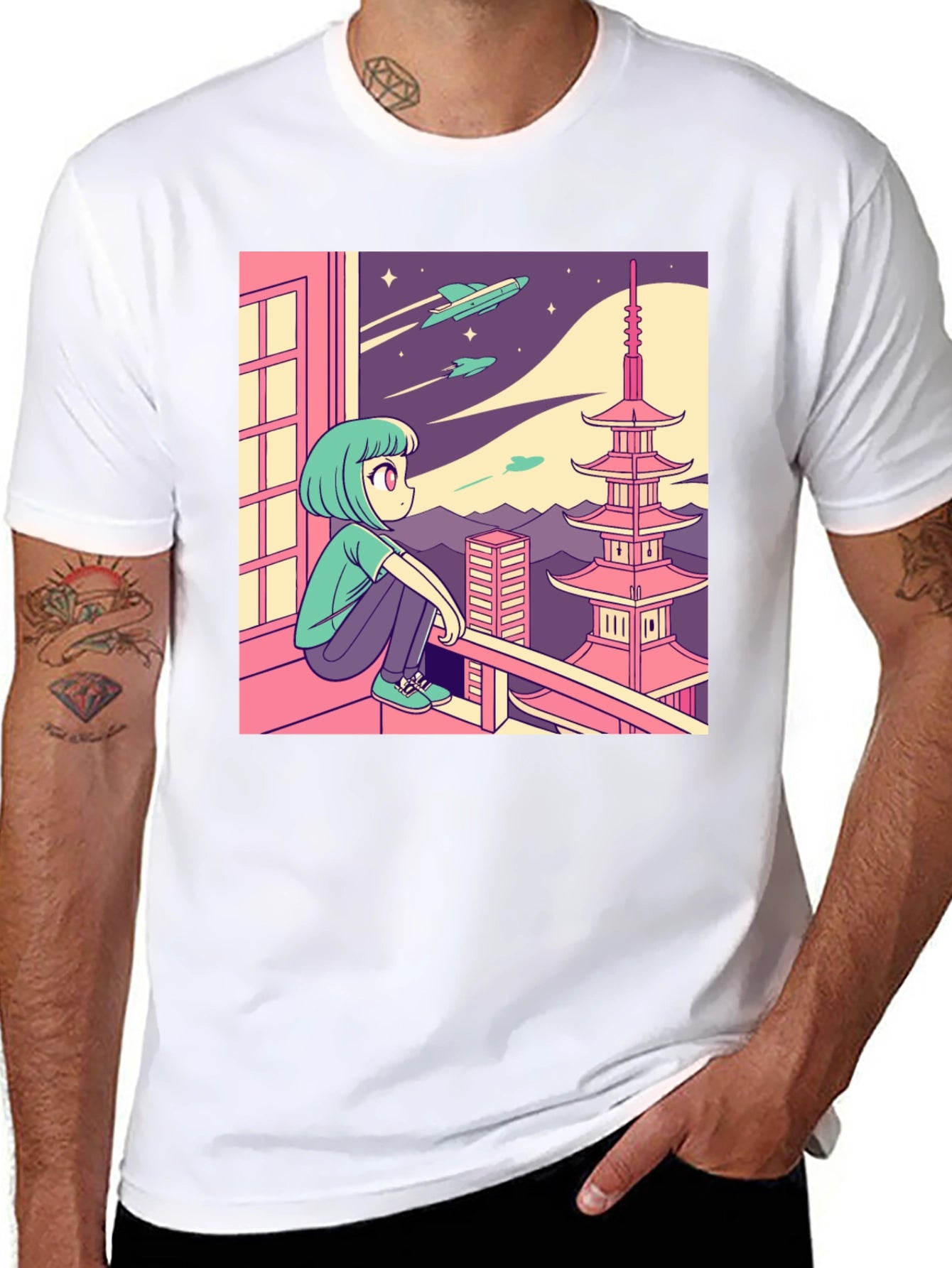 Anime Girl Stargazing Graphic Tee