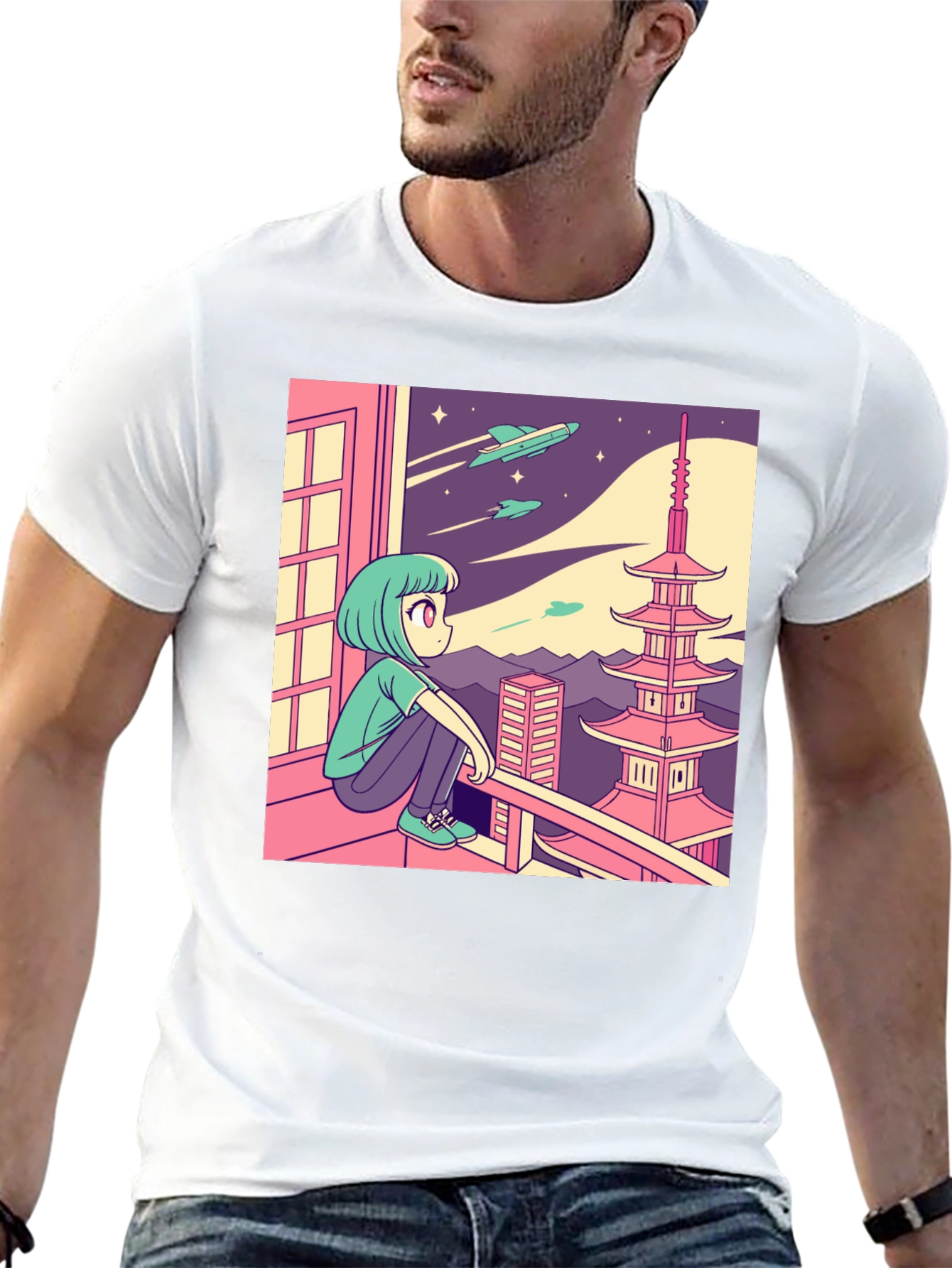 Anime Girl Stargazing Graphic Tee